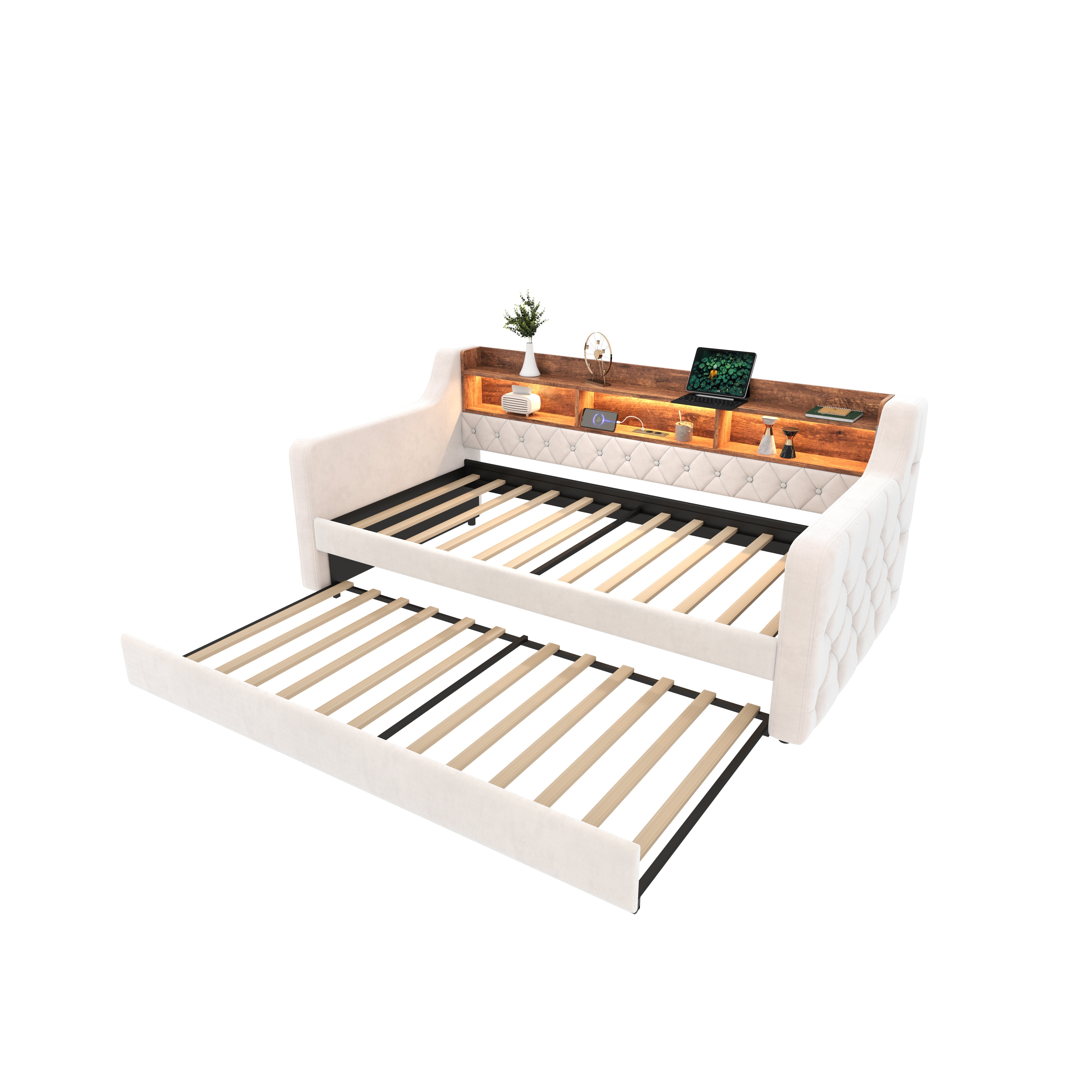 Logidon slaapbank 90x190 cm beige fluweel met opbergruimte LED USB-C