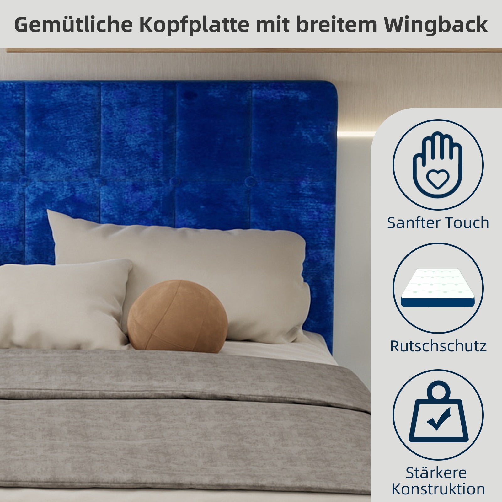 Logidon fluwelen bed 160x200 met hoofdbord en opbergruimte blauw