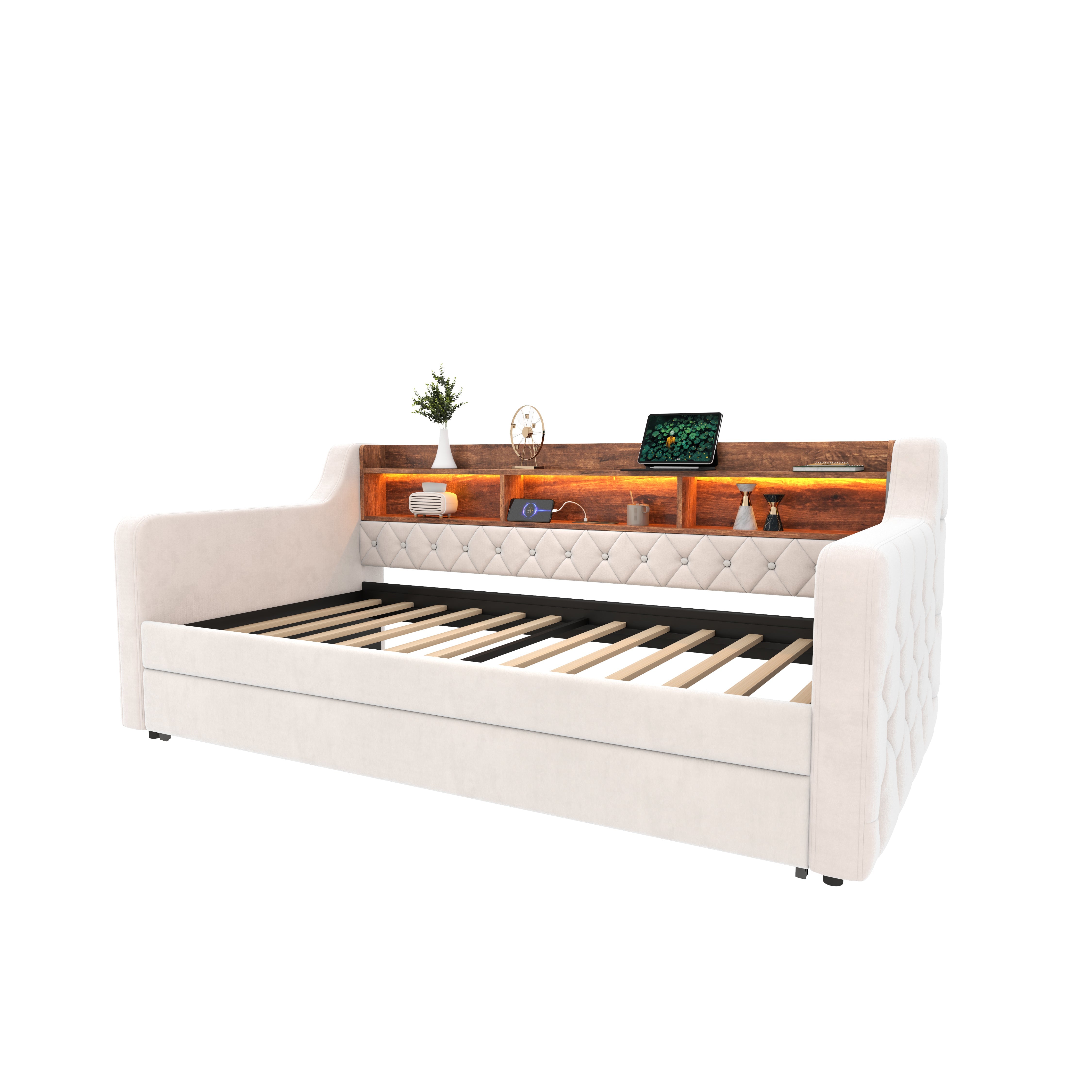 Logidon slaapbank 90x190 cm beige fluweel met opbergruimte LED USB-C