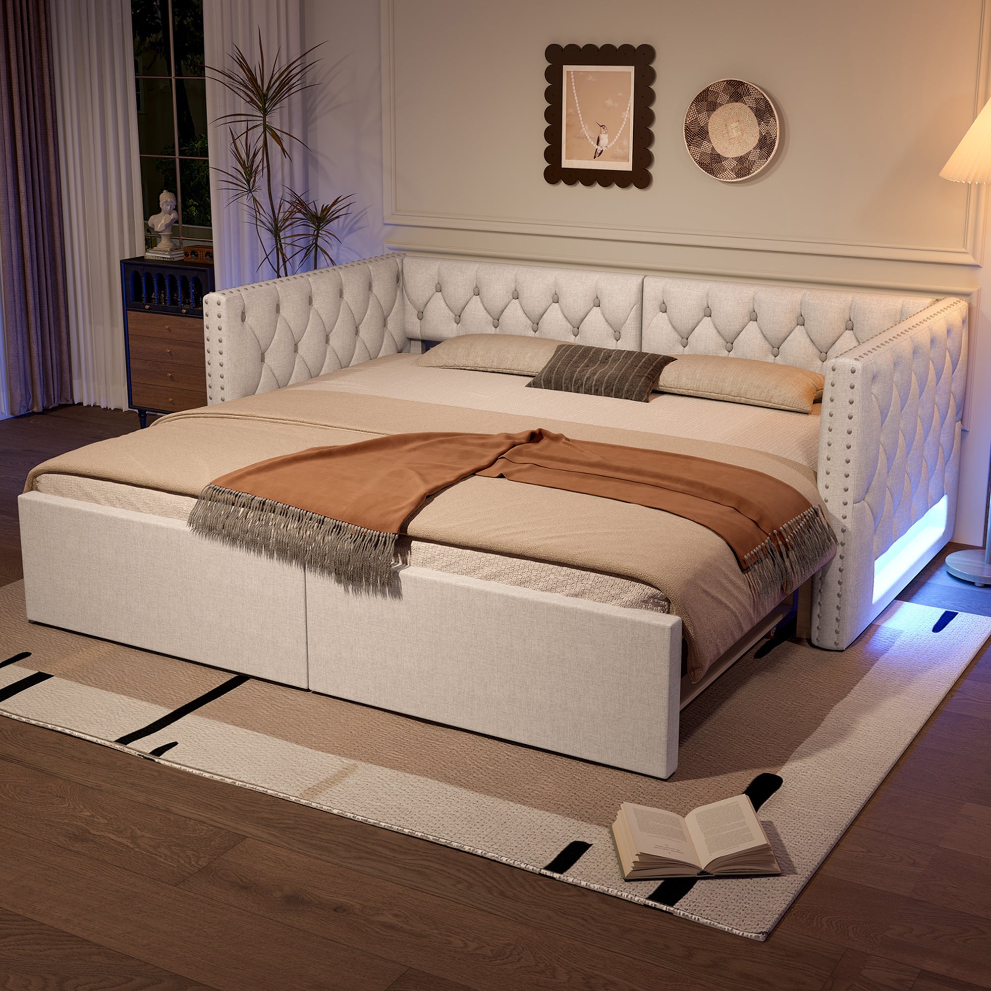 Logidon uitschuifbaar dagbed 90x200 tot 180x200 beige met LED