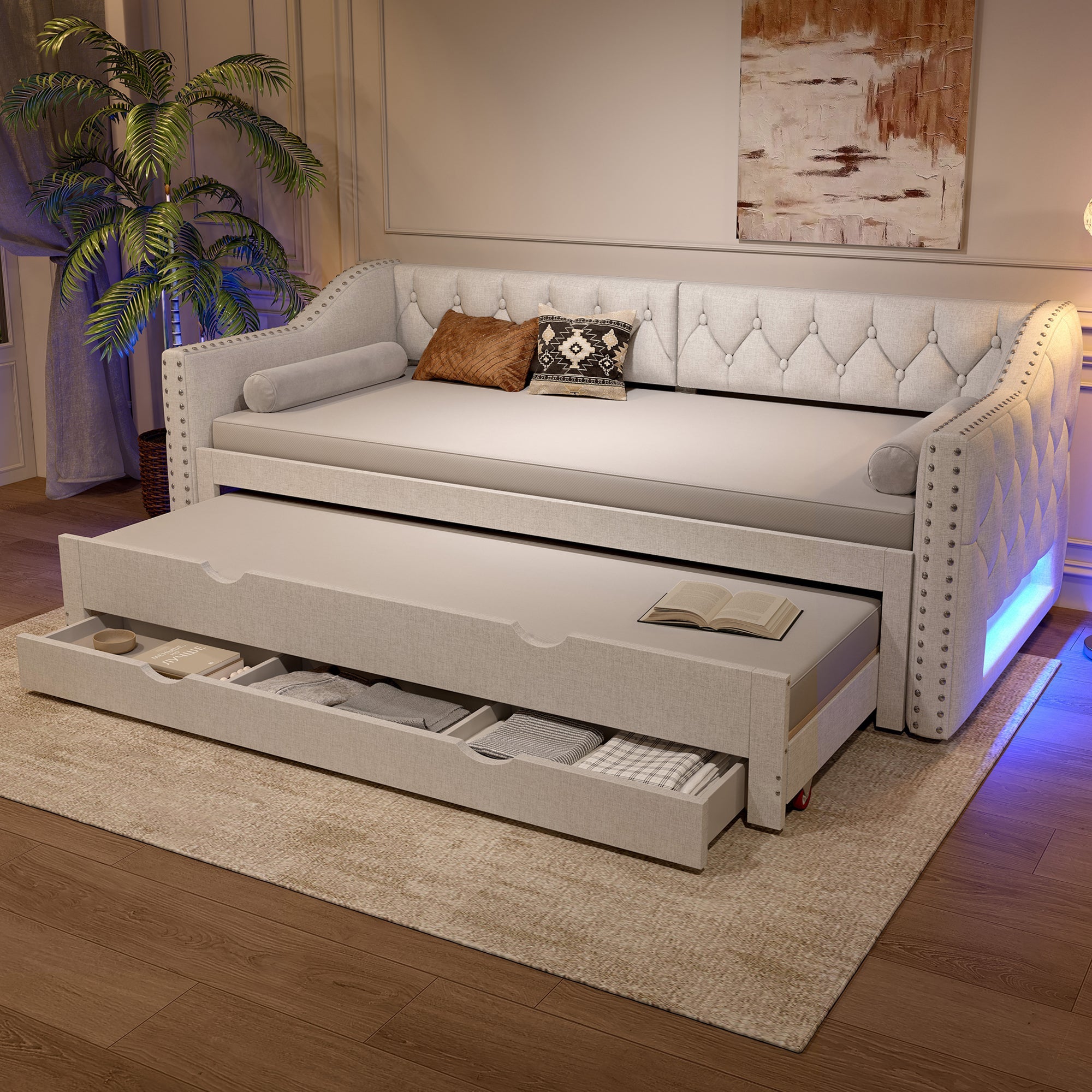 Logidon 90x200 gestoffeerd dagbed met LED-licht uitschuifbaar bed beige