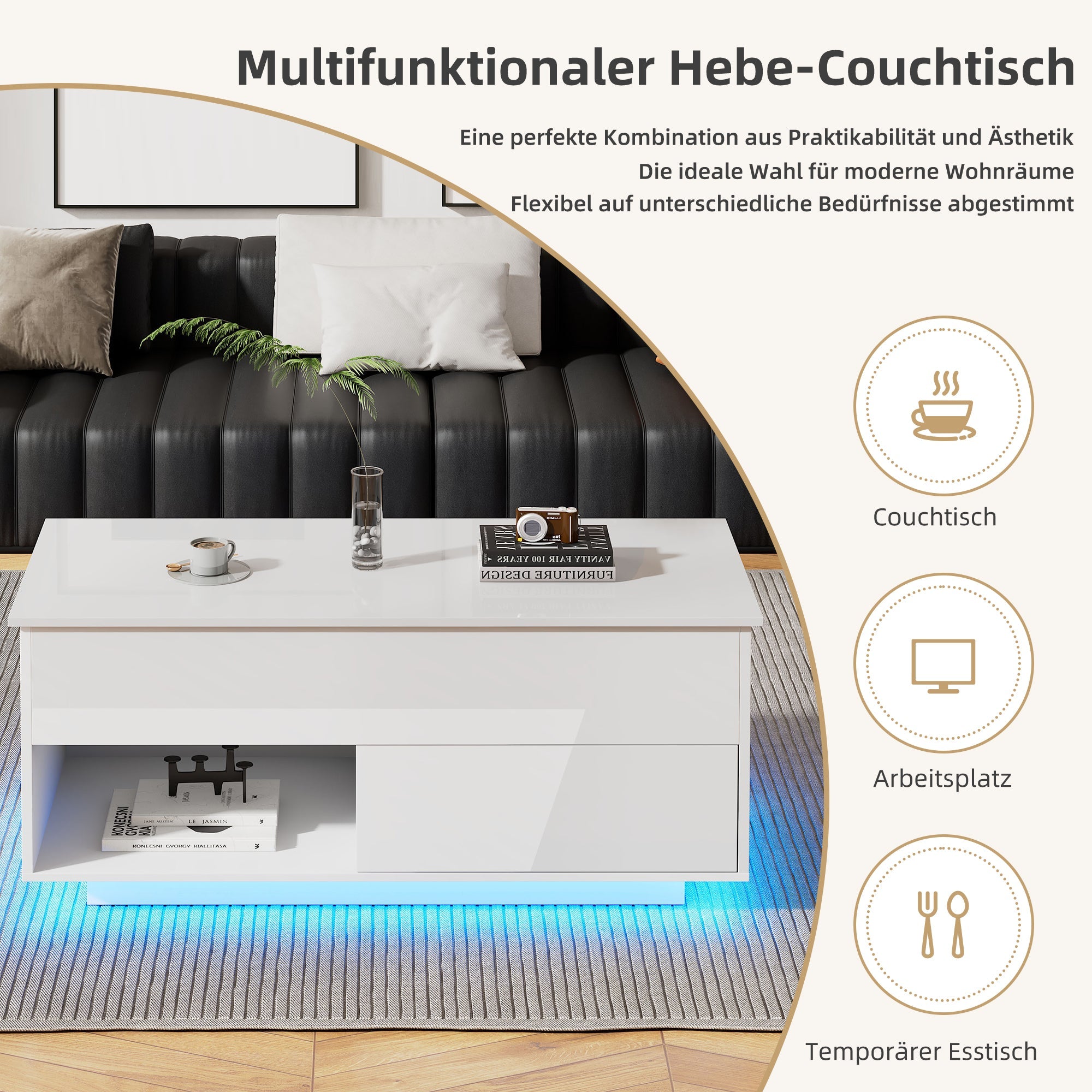 Logidon hoogglans hefsalontafel 100 x 50 cm witte LED-verlichting