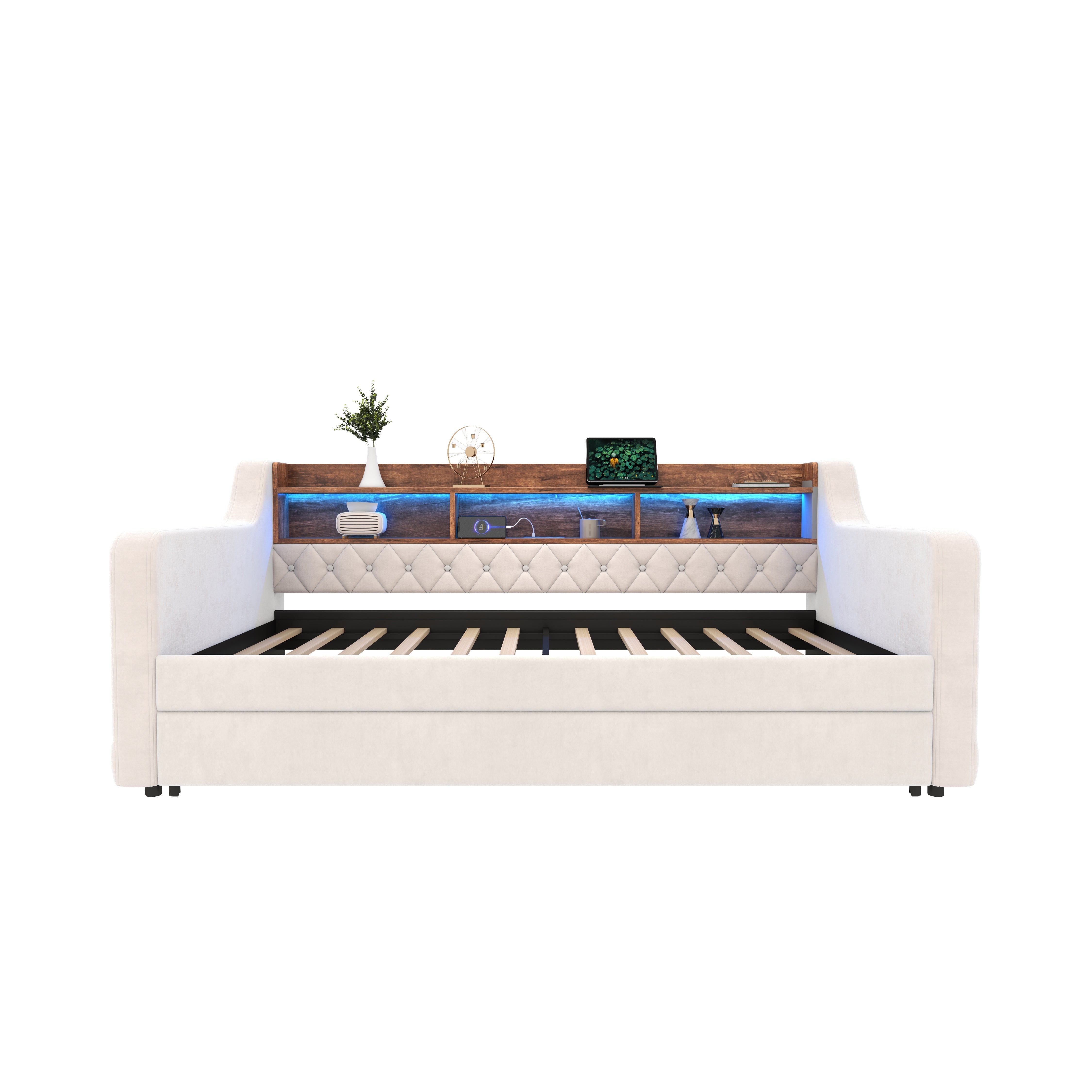Logidon slaapbank 90x190 cm beige fluweel met opbergruimte LED USB-C