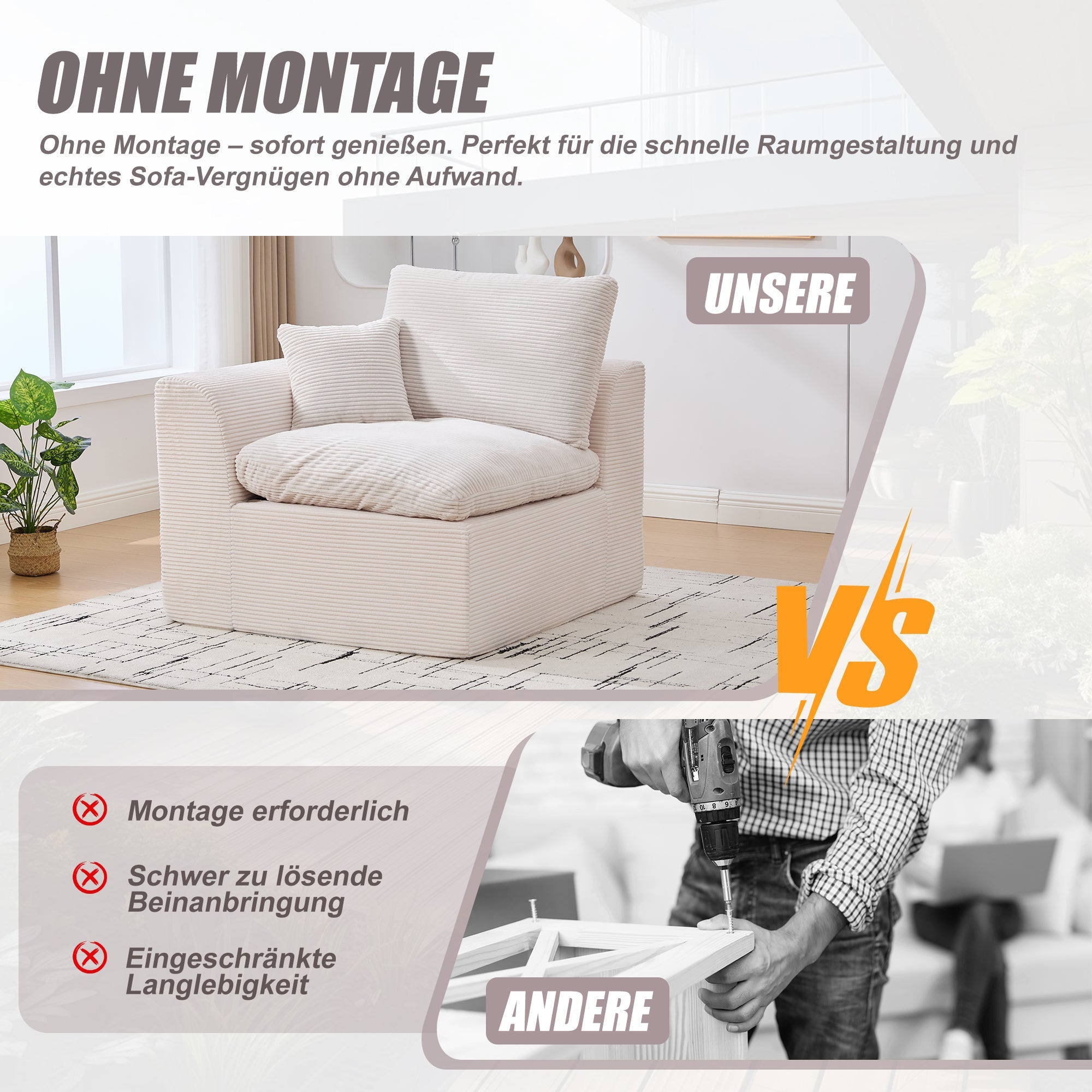 Logidon moderne 1-zits stoffen bank beige corduroy stof met kussens