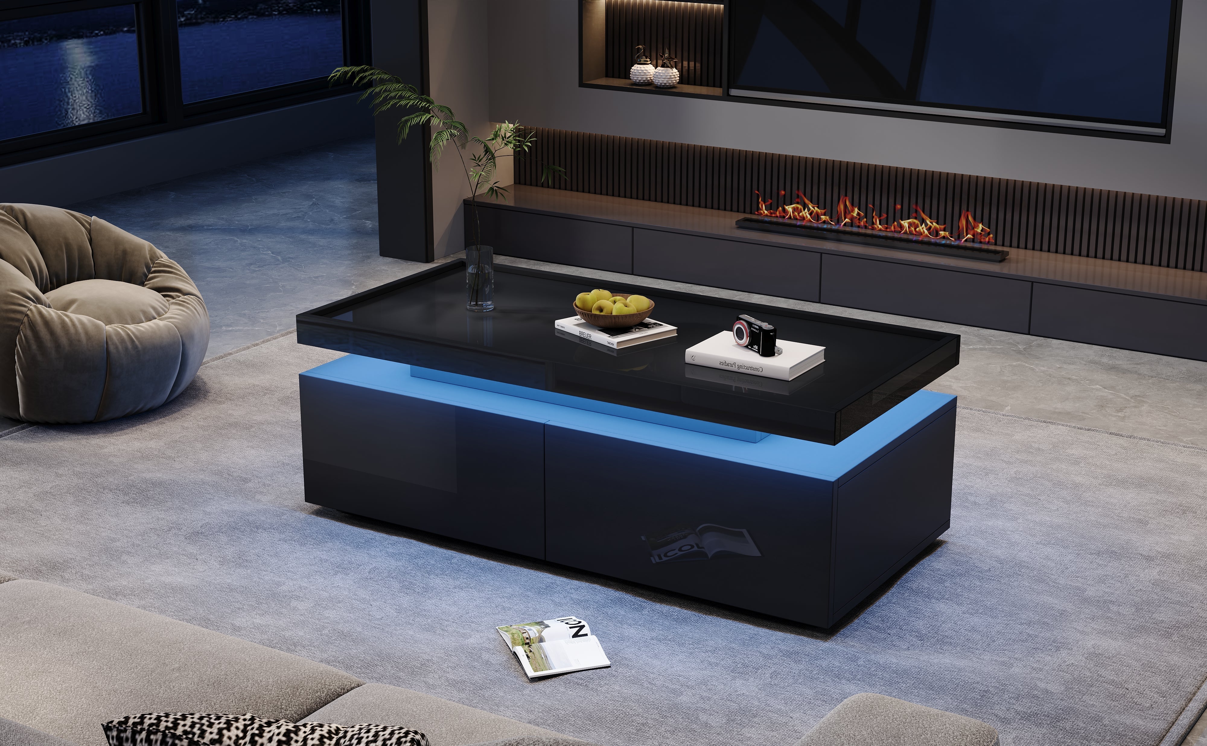 Logidon hoogglans salontafel 95x45x35 cm met LED verlichting zwart