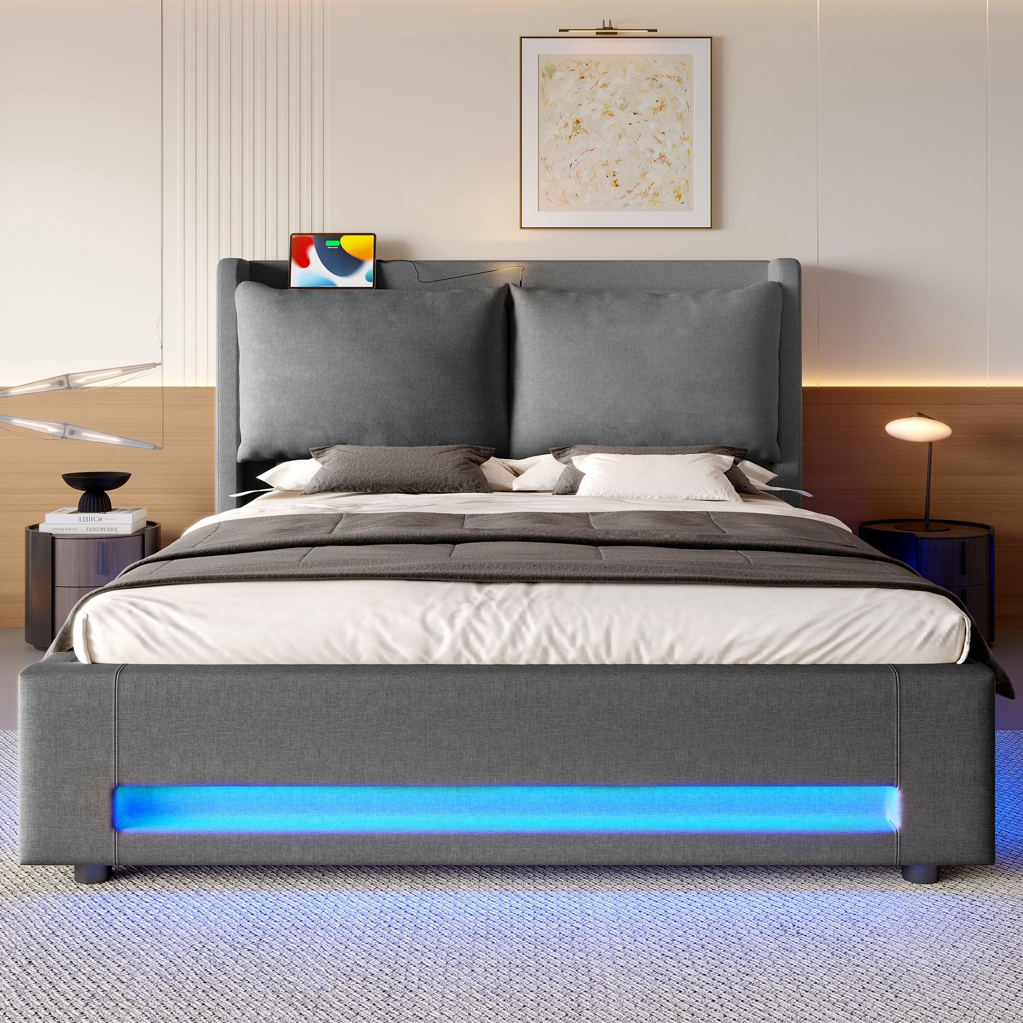 Logidon Modern gestoffeerd bed grijs 140x200 cm met opbergruimte en LED