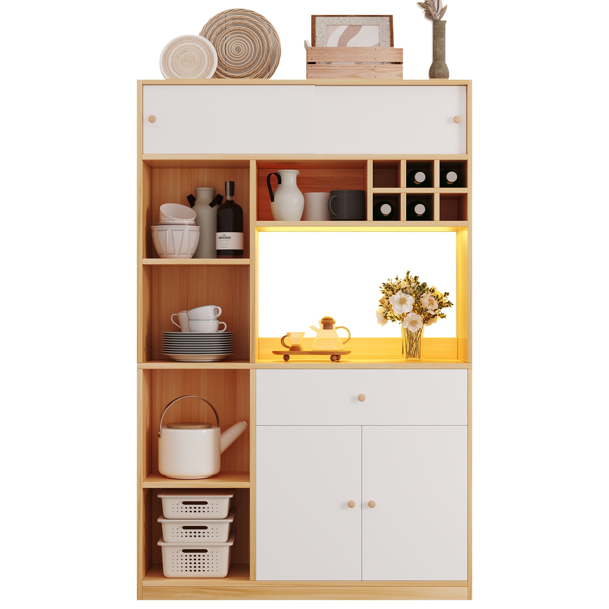 Logidon keukenkast buffet met LED-verlichting, 115x35x180 cm, naturel