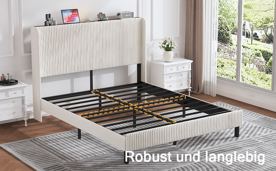 Logidon bedframe 160x200 gewatteerd platformbed, hoofdeinde van beige stof
