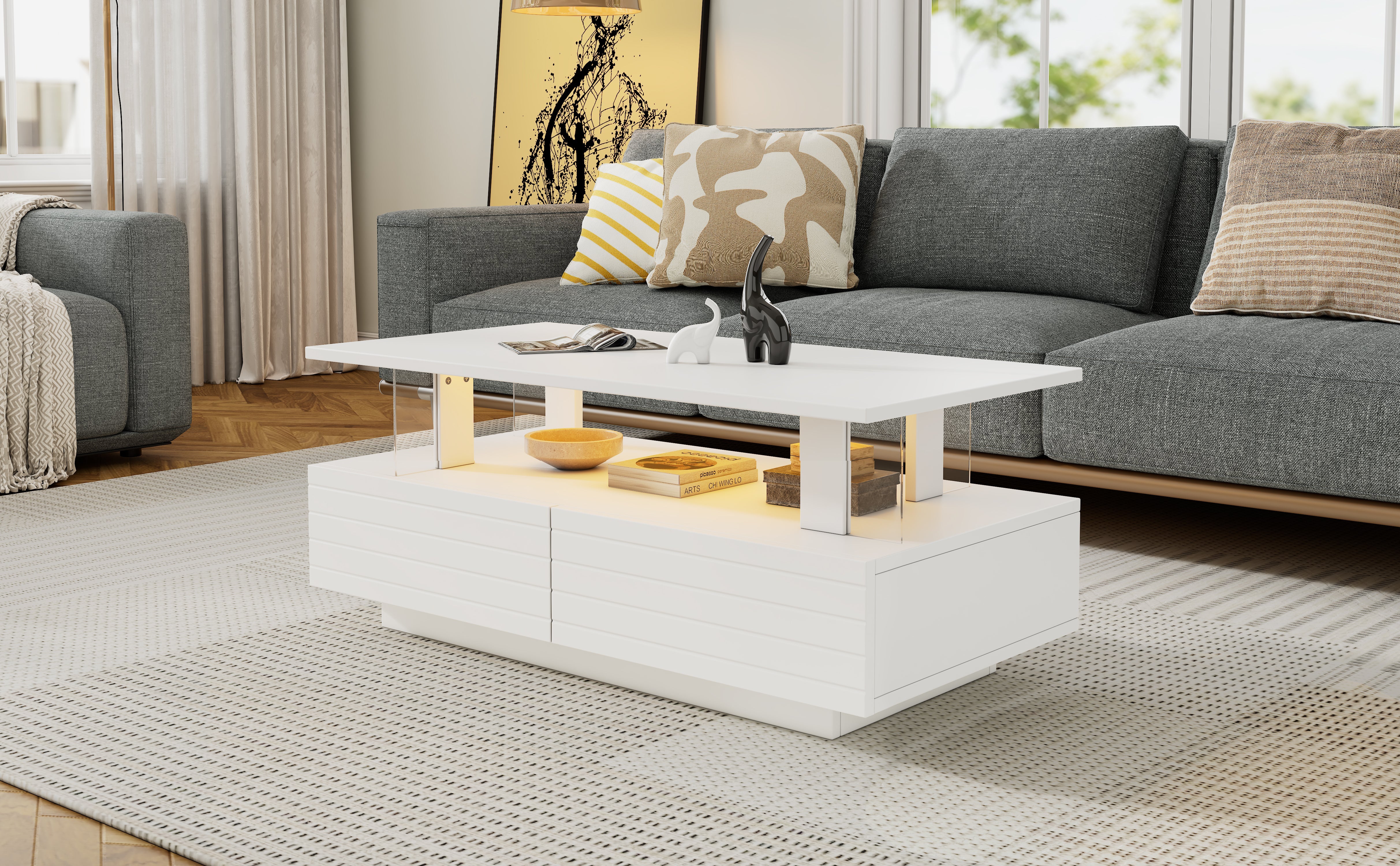 Logidon Witte LED Salontafel met Opbergruimte Bluetooth App Bediening 100x50x42 Cm