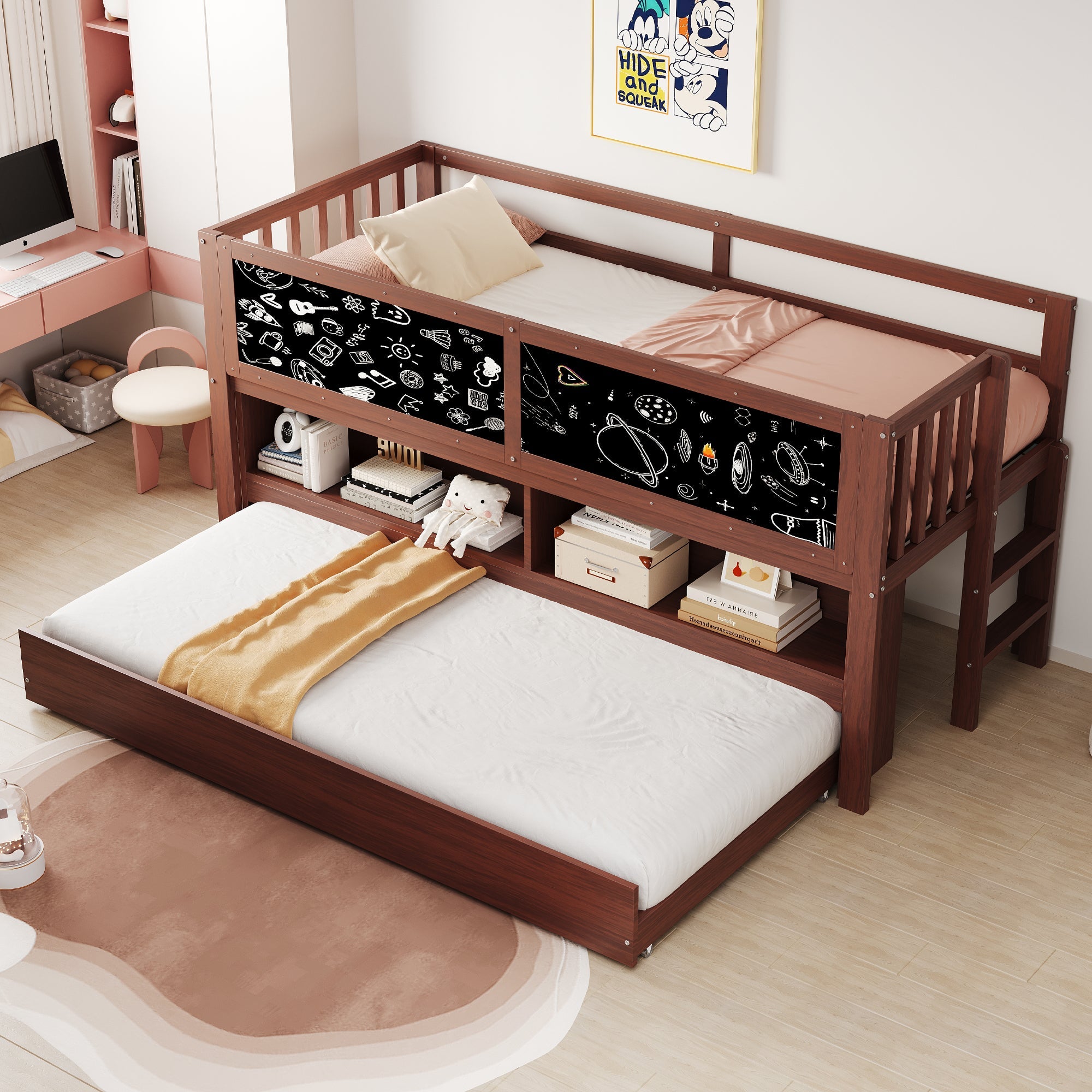 Logidon House Bed 90x200 Bruin Uitschuifbare onderbed-klimladder