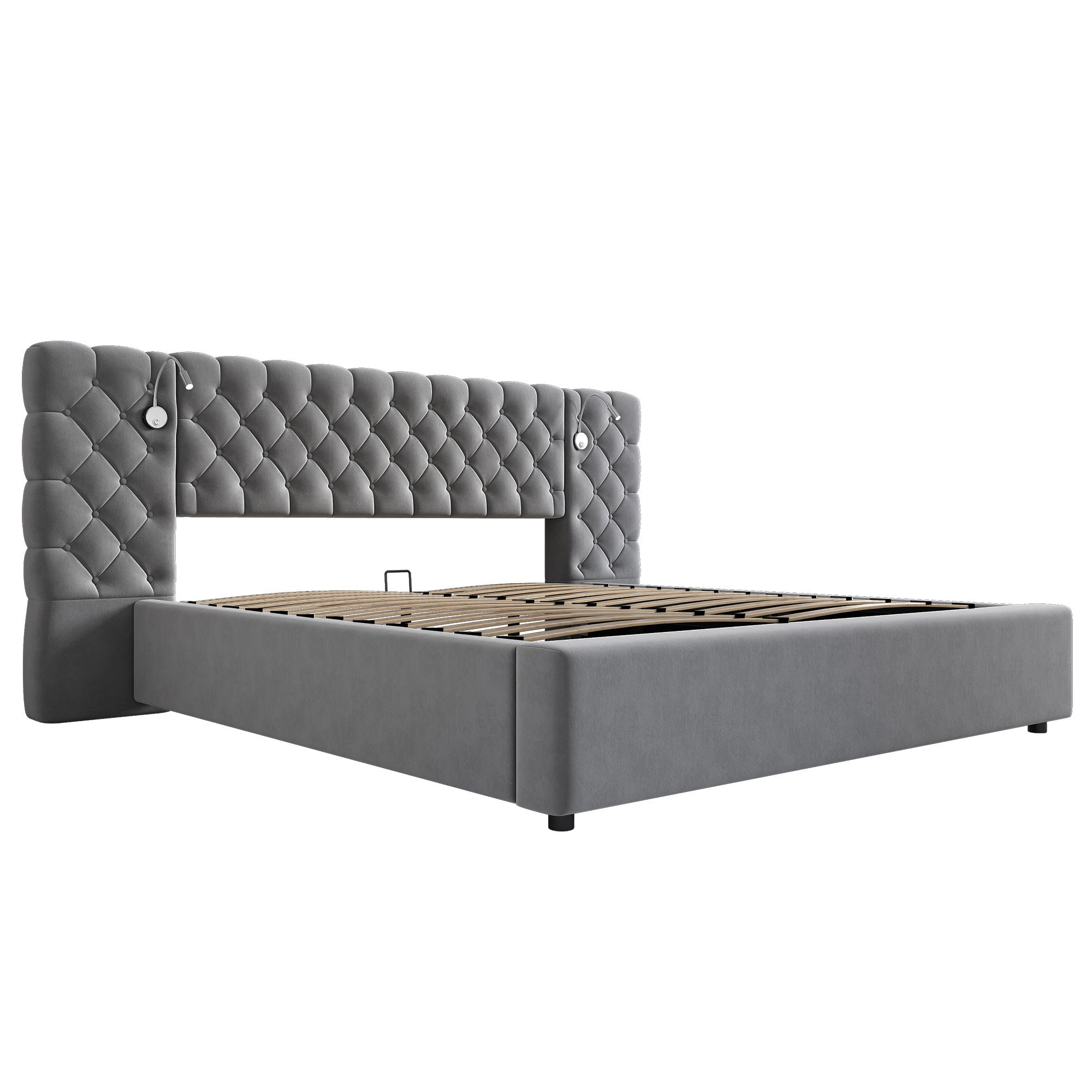Logidon gestoffeerd bed 160x200 cm grijs fluweel opbergruimte LED verlichting hoofdeinde