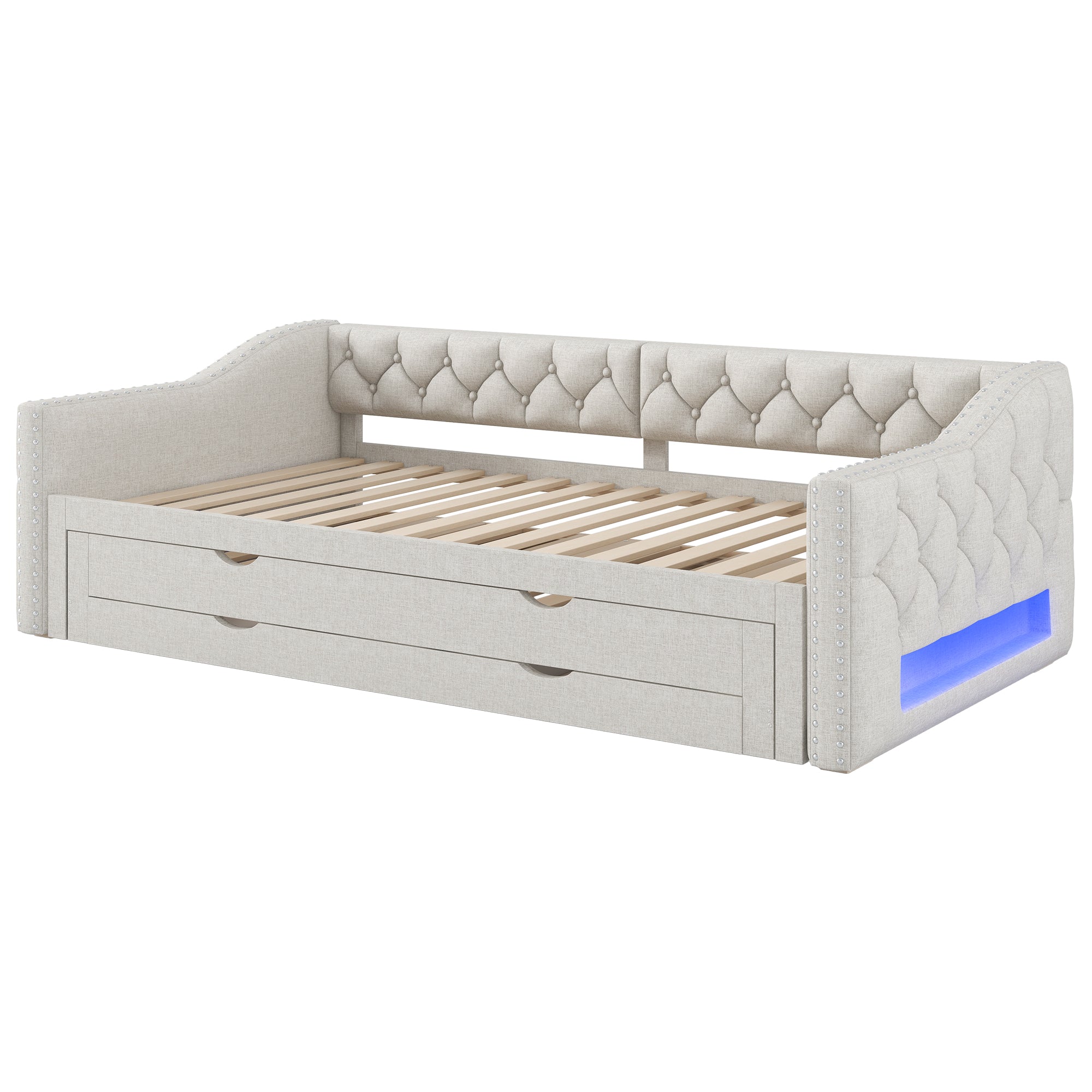 Logidon 90x200 gestoffeerd dagbed met LED-licht uitschuifbaar bed beige