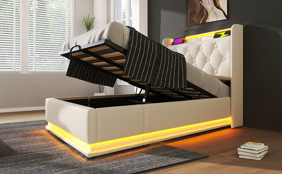 Logidon gestoffeerd bed eenpersoons 90x200 cm wit PU 360 SurroundLED USB C oplaadfunctie