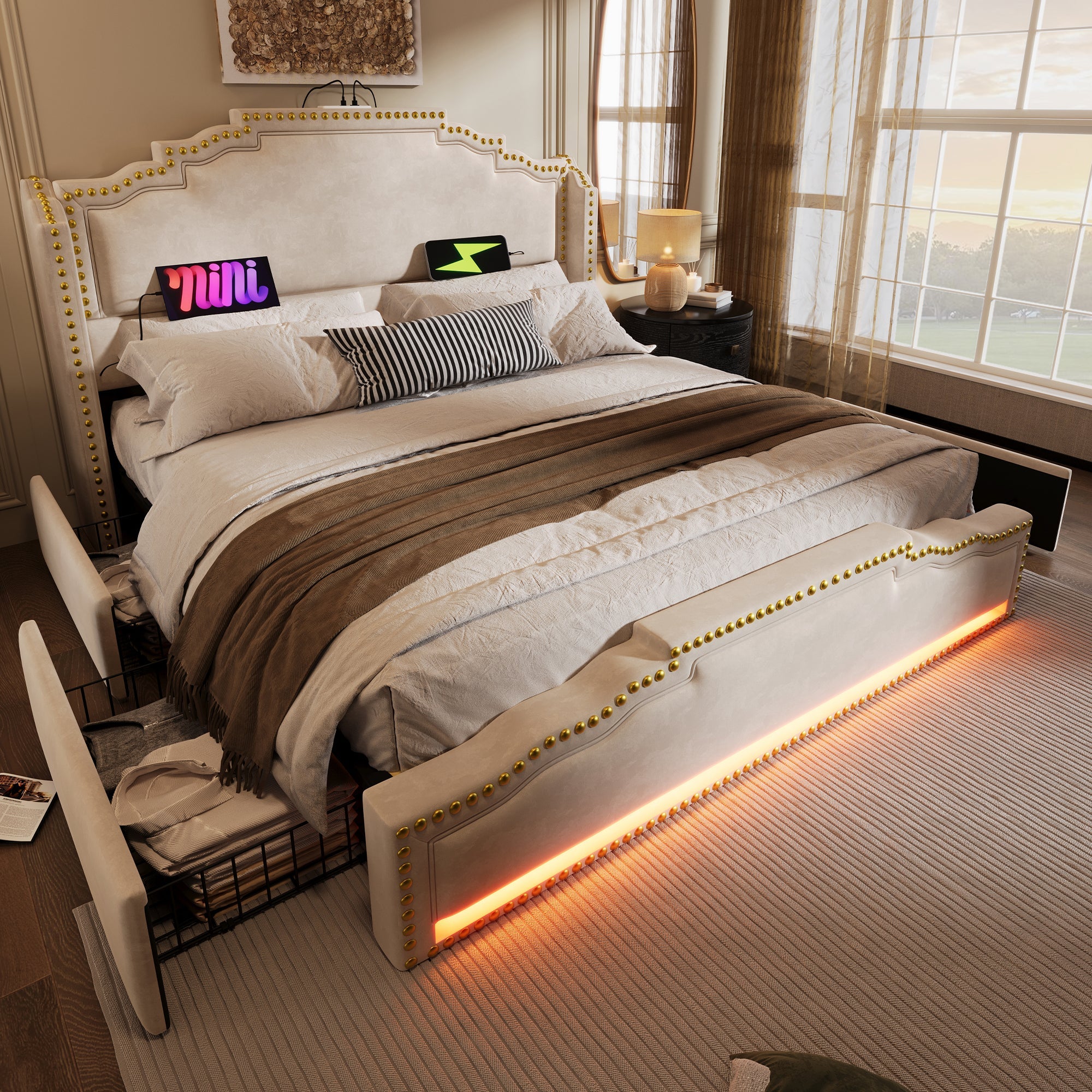 Logidon gestoffeerd bed 140x200 beige met 4 lades LED USB-C