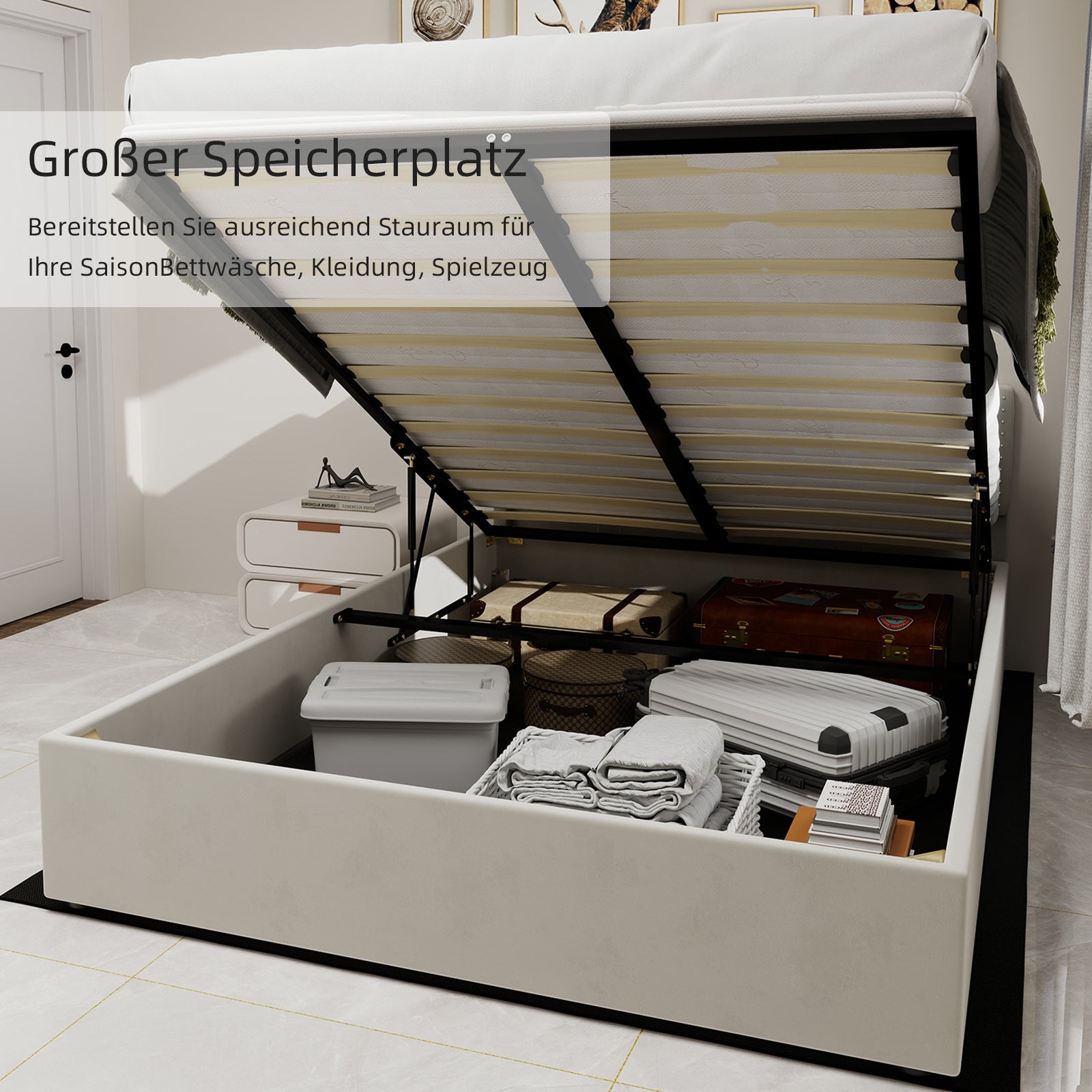 Logidon 160x200 cm stoffen bed beige hoofdbord met hydrauliek