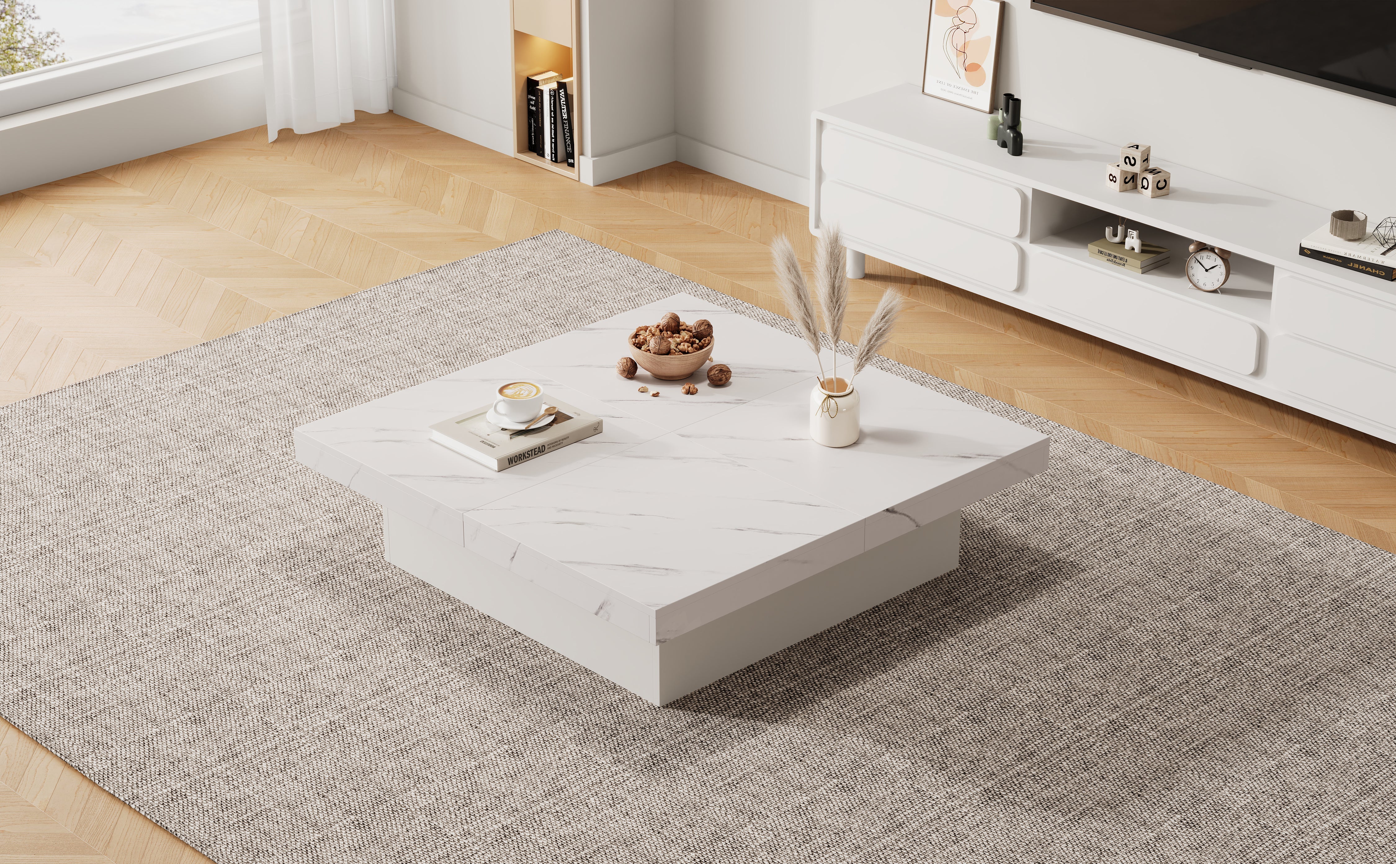 Logidon vierkante salontafel wit marmerlook 90x90x25 cm met lades
