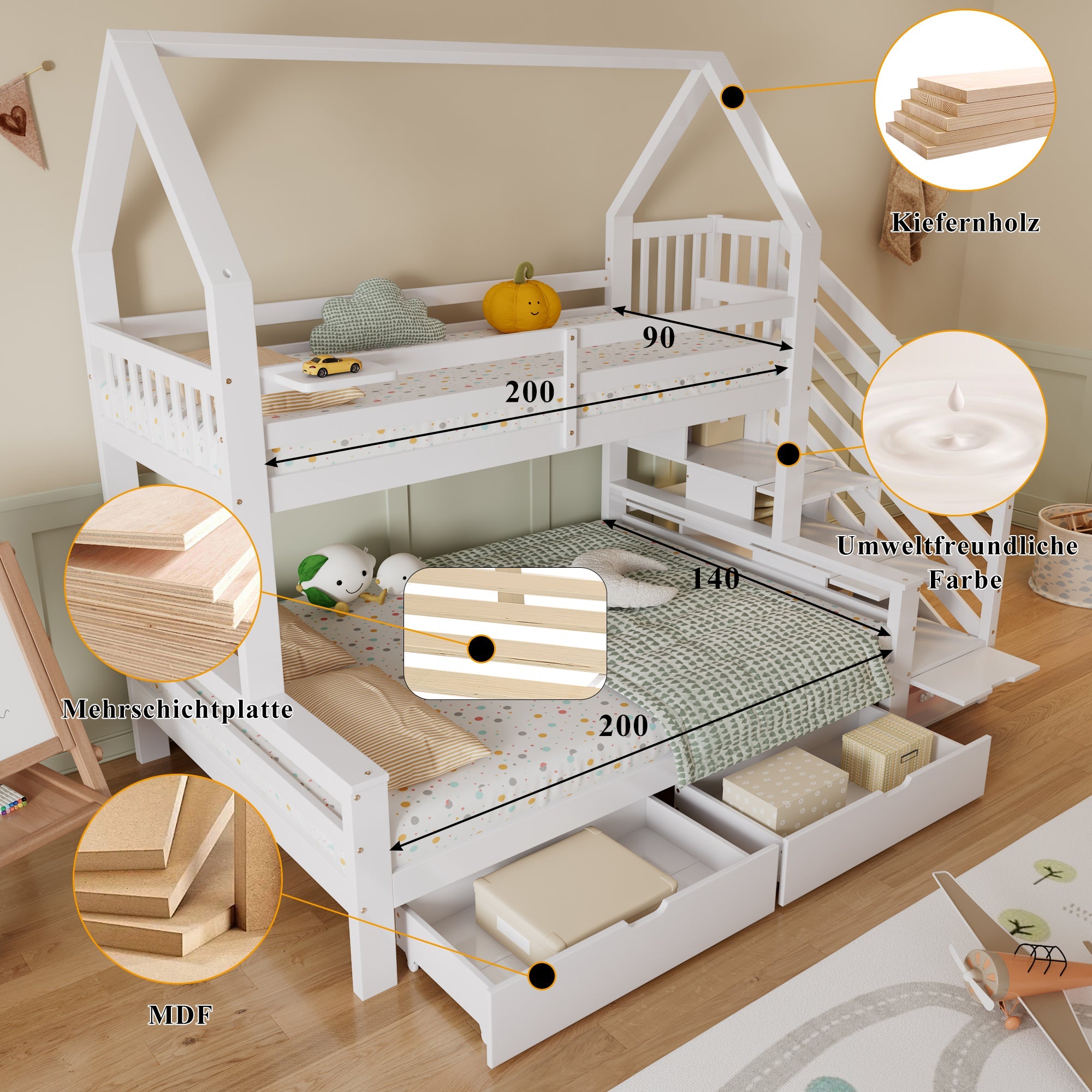 Logidon stapelbed kinderbed wit 90x200 en 140x200 met dakdesign