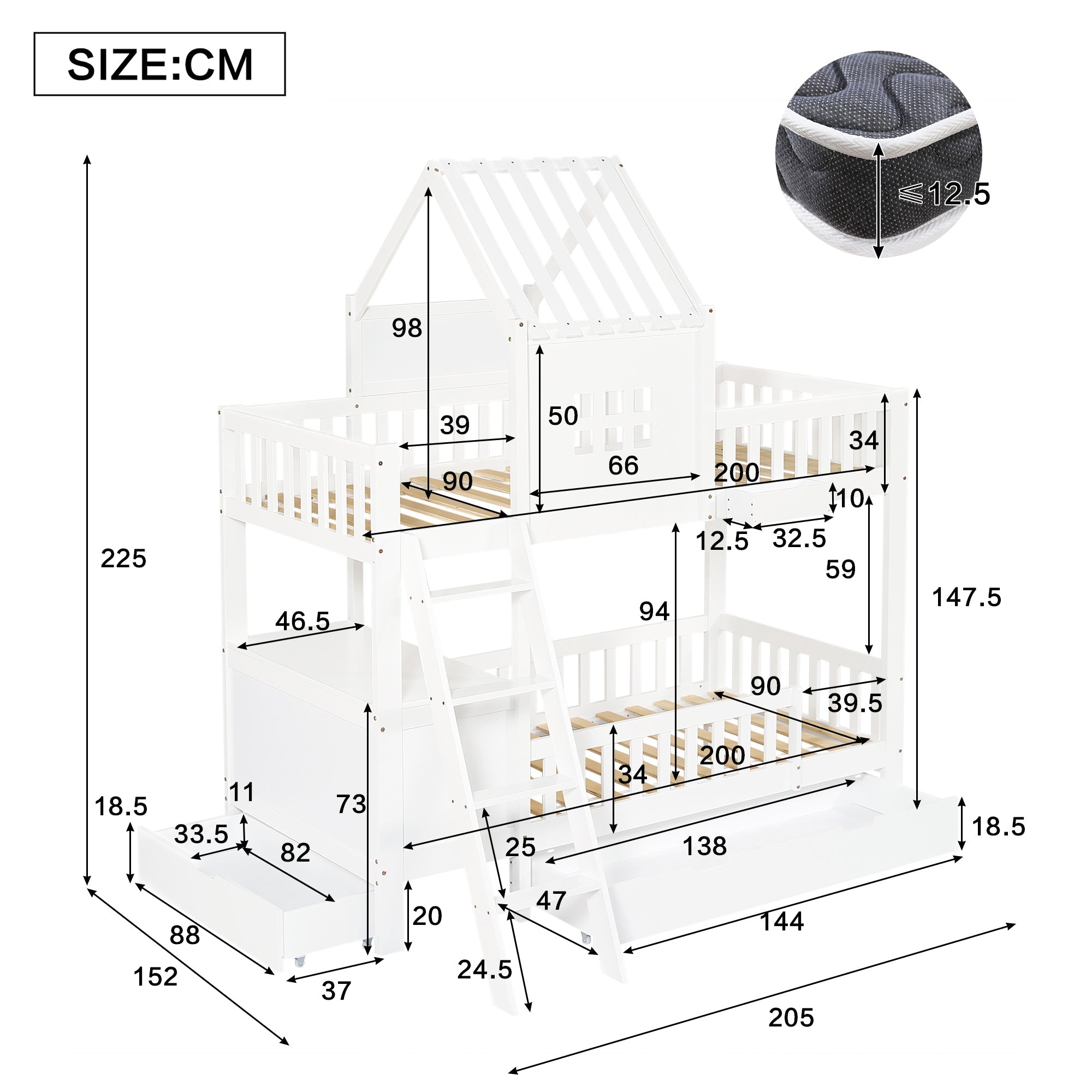 Logidon stapelbed 90x200 wit met dak, raam en 2 lades