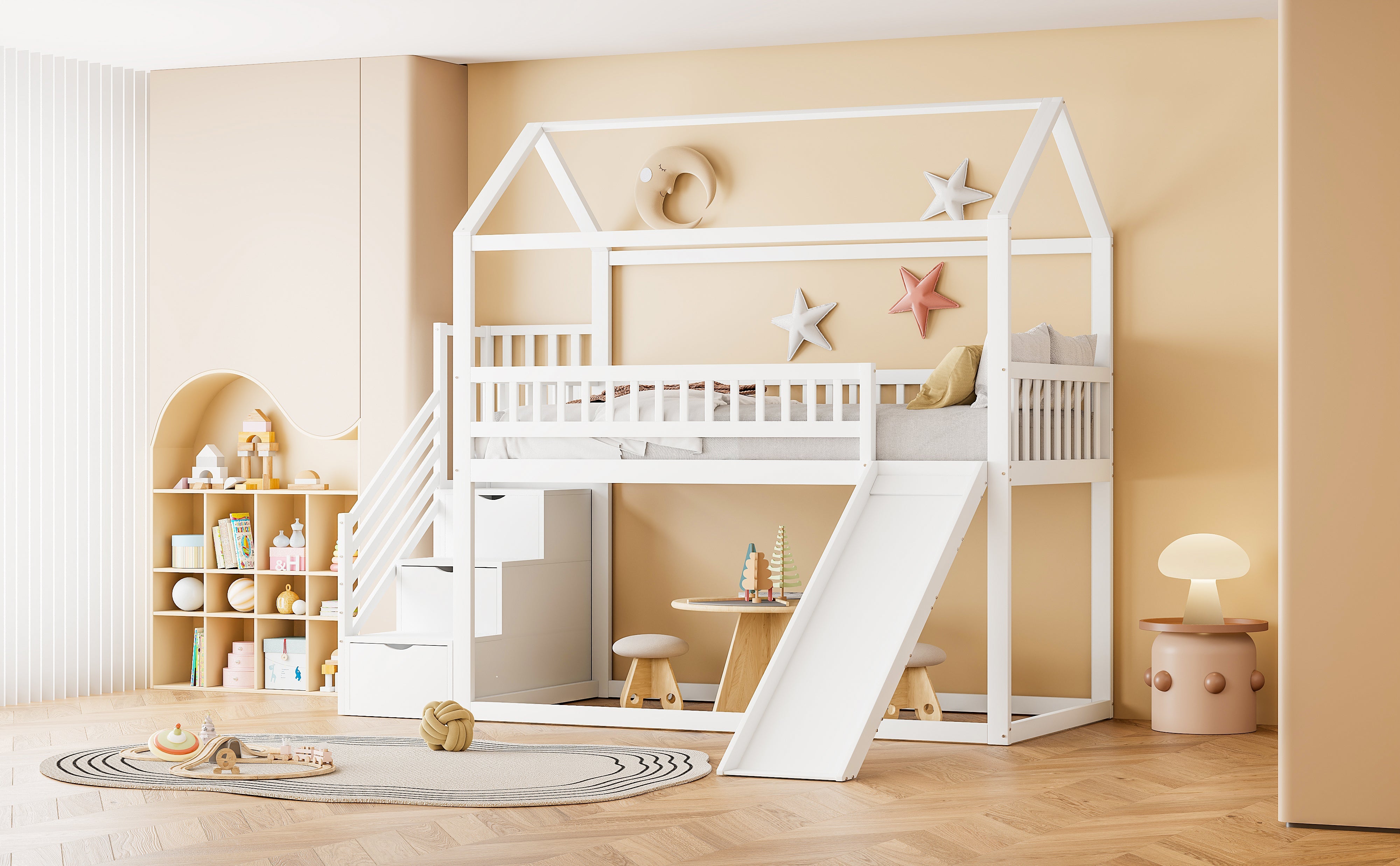 Logidon hoogslaper kinderstapelbed 90x200 wit glijbaan met opbergladder
