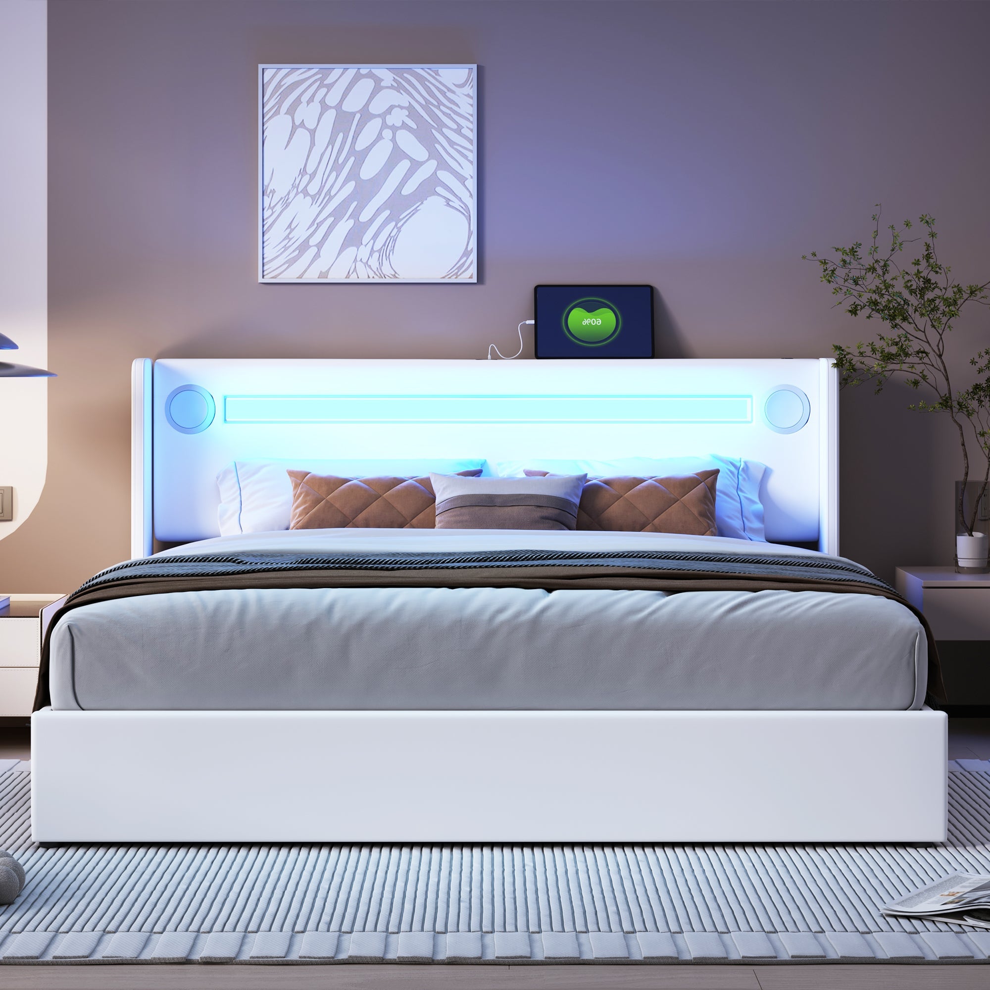 Logidon gestoffeerd bed 160x200 wit met LED lichtstrip Bluetooth USB