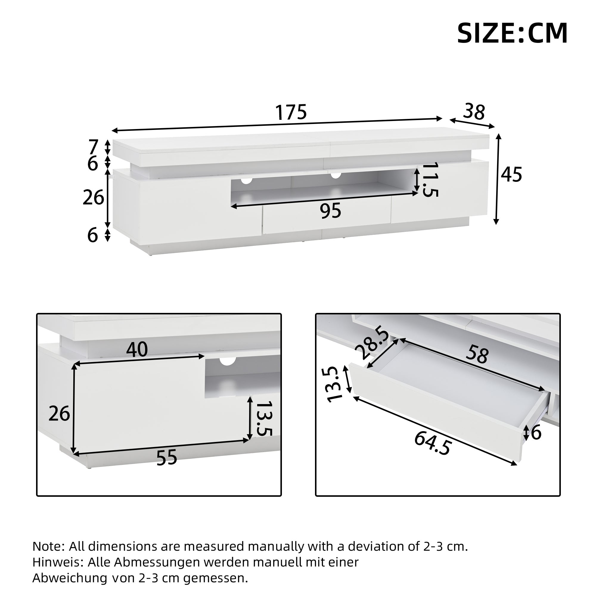 Logidon wit hoogglans LED lowboard 175x38x45 cm met 2 kasten