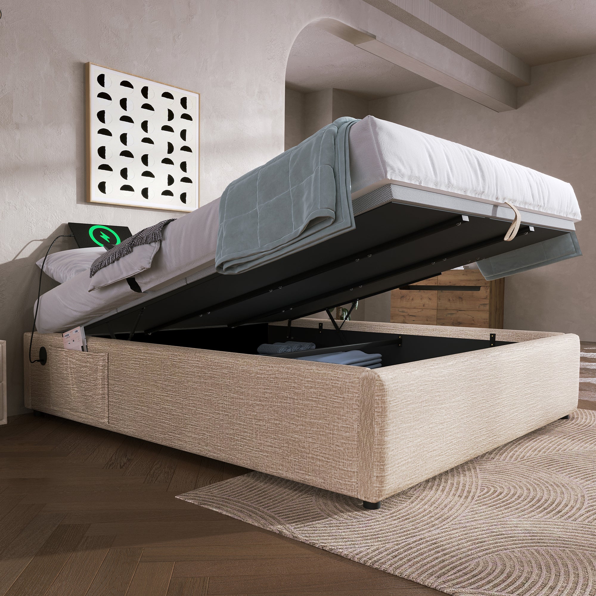 Logidon upholstered bed double bed 160x200 beige USB-C ports and storage space