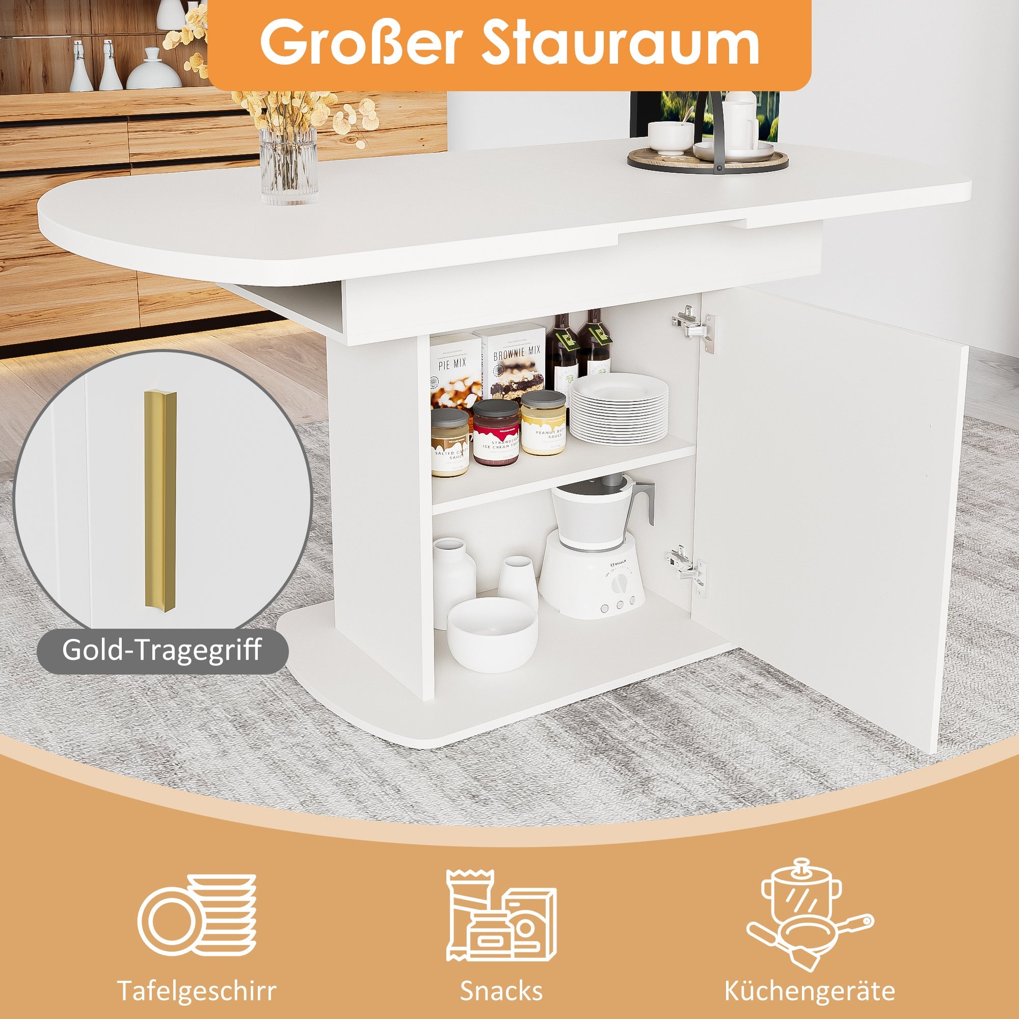 Logidon Uitschuifbare ovale eettafel L110/130 Opbergruimte met witgouden handvat