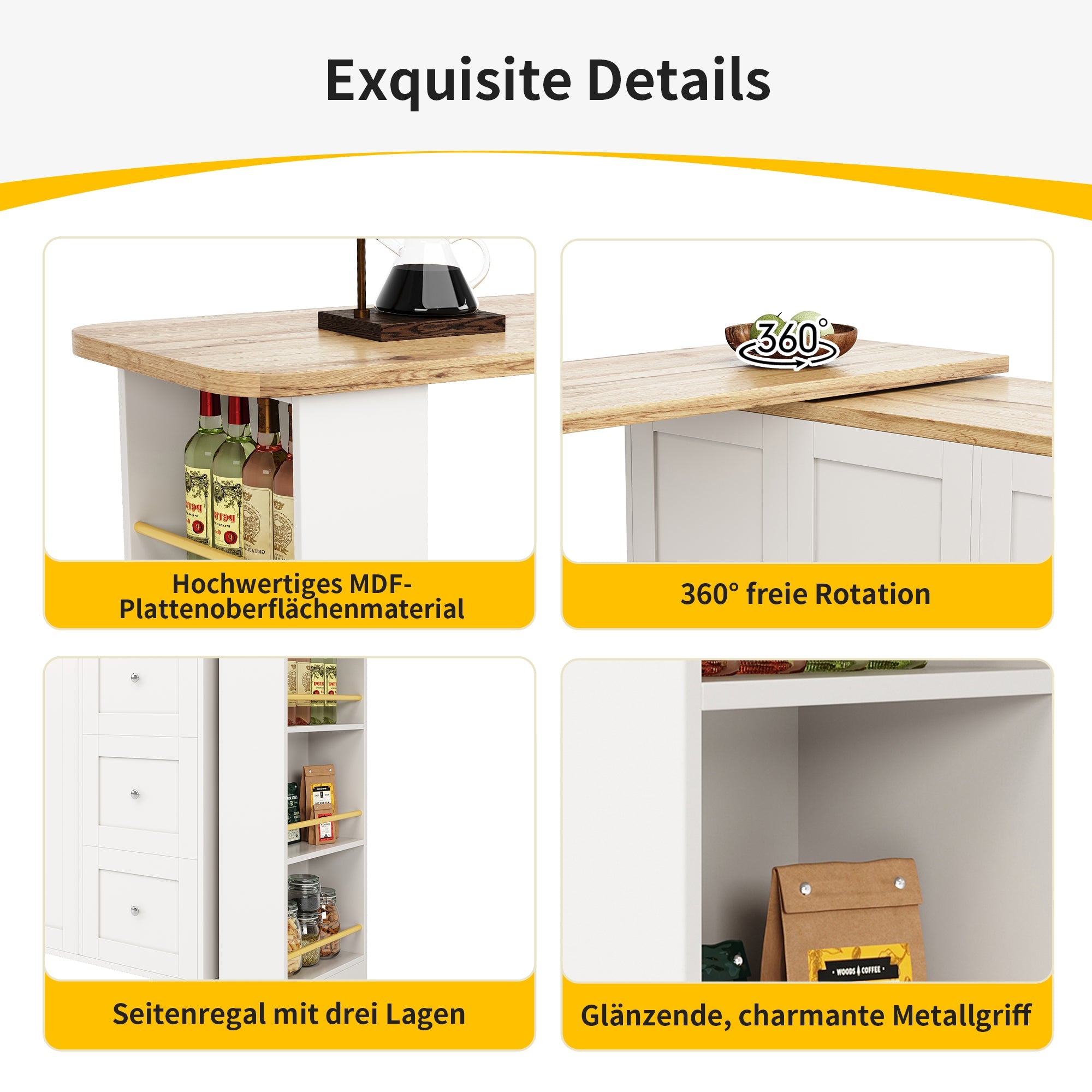 Logidon Swivel Dining Table White with Wheels Three Drawers 138-209 cm