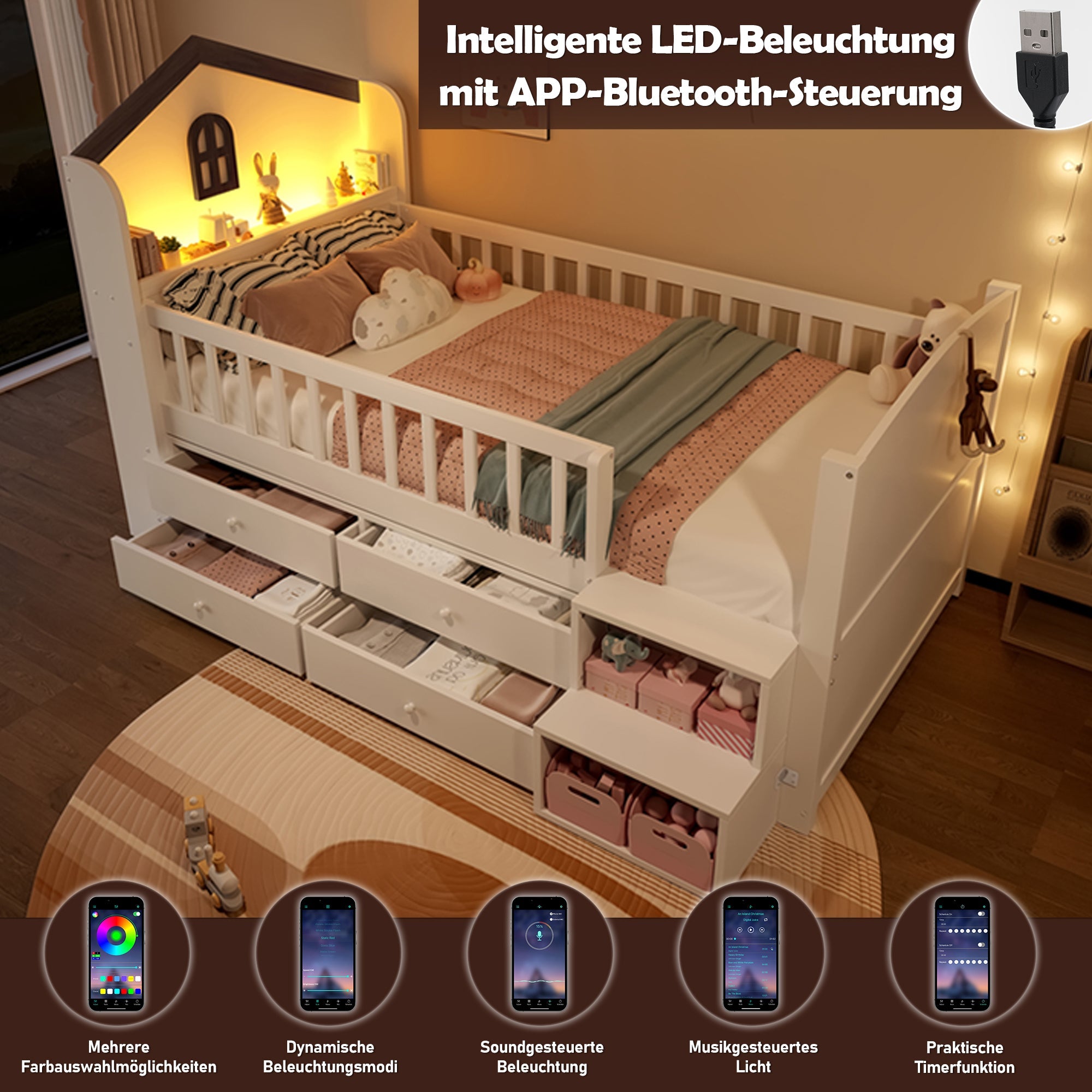 Logidon halfhoogsbed 90x200 wit met huisvorm en 4 lades