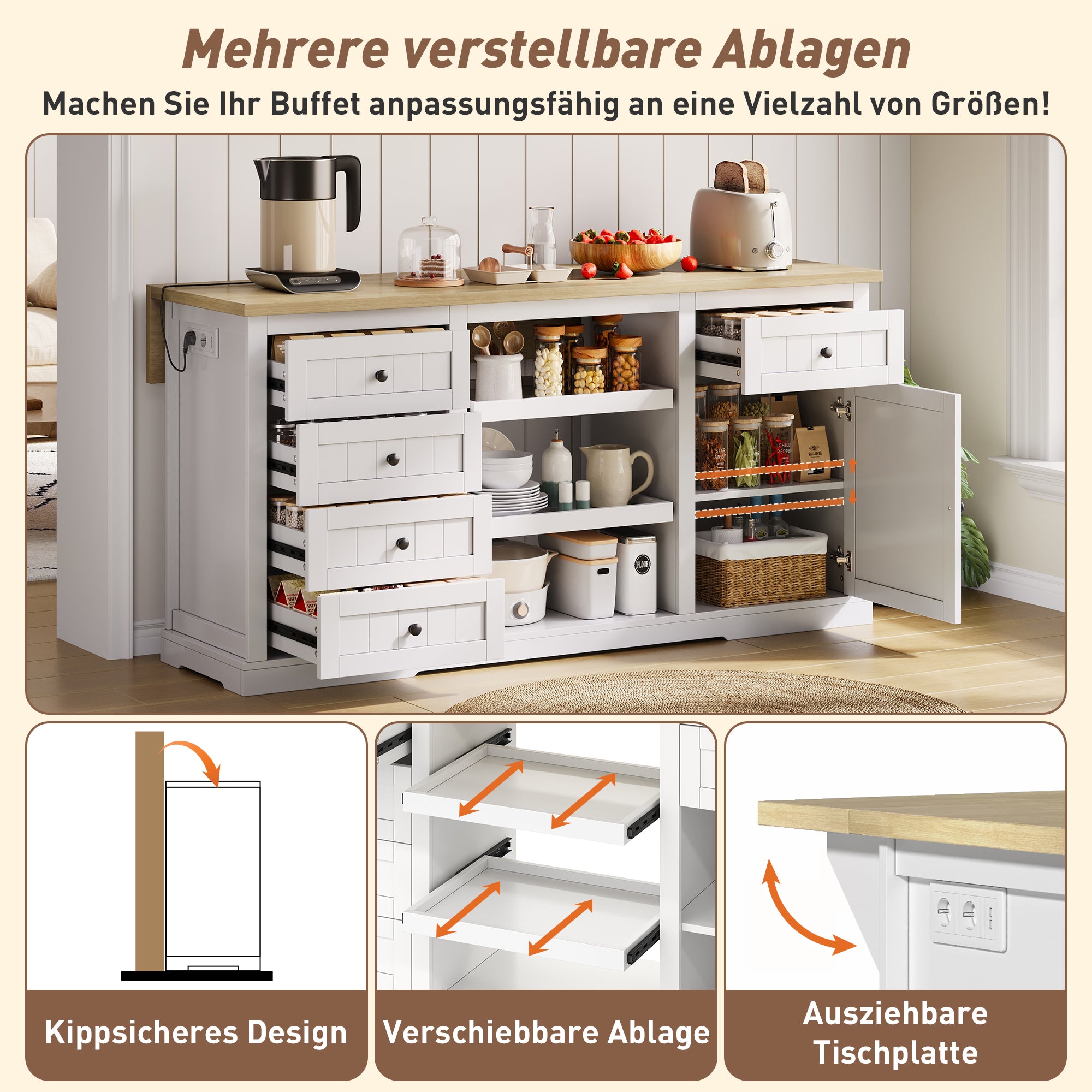 Logidon dressoir keukeneiland wit houten blad 5 laden 150x65x75 cm