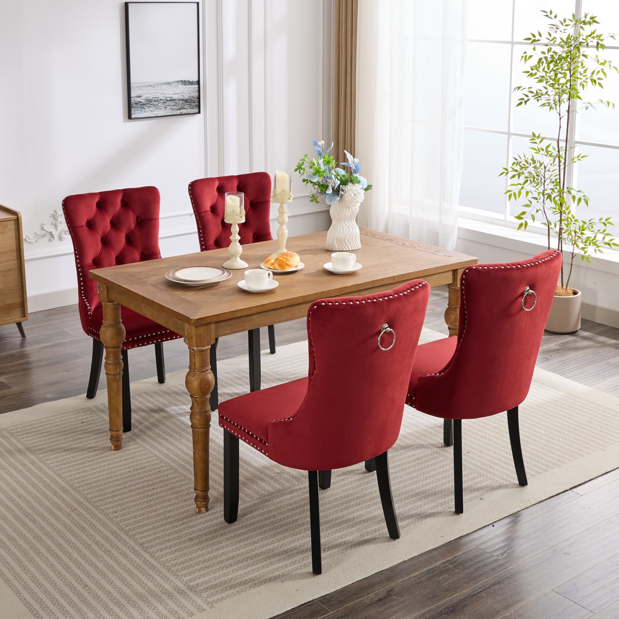 Logidon Velvet Dining Chair Set 2 Burgundy Nail Trim