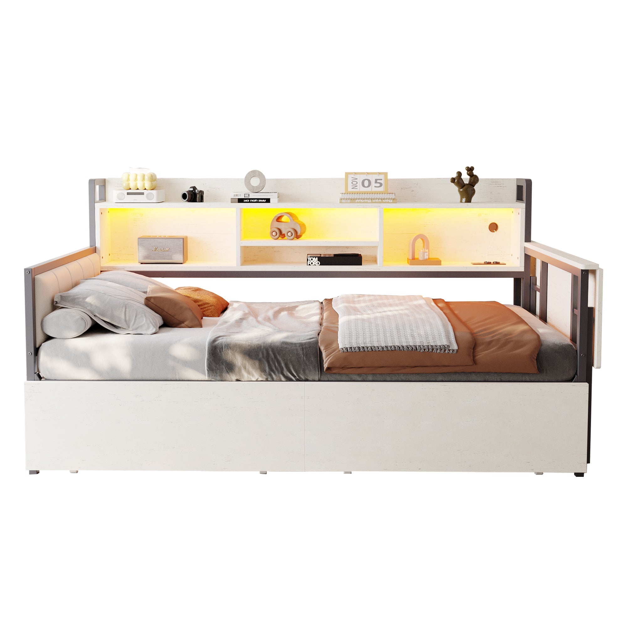 Logidon ijzeren slaapbank 90x200 cm met LED-verlichting opbergruimte wit