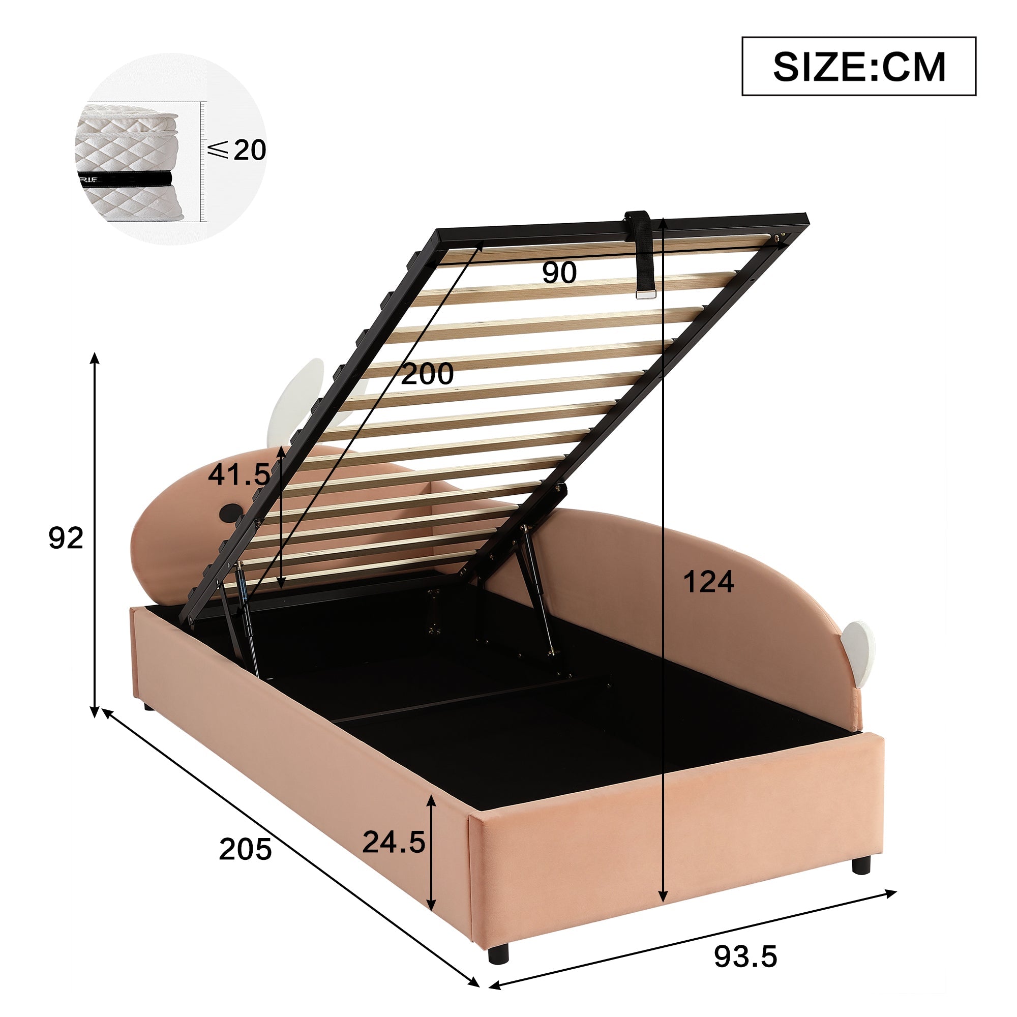 Logidon gestoffeerd bed 90x200 cm roze fluwelen konijn hoofdbord met opbergruimte