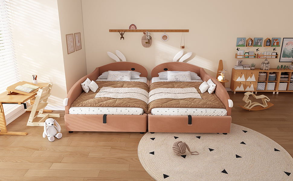 Logidon gestoffeerd bed 90x200 cm roze fluwelen konijn hoofdbord met opbergruimte