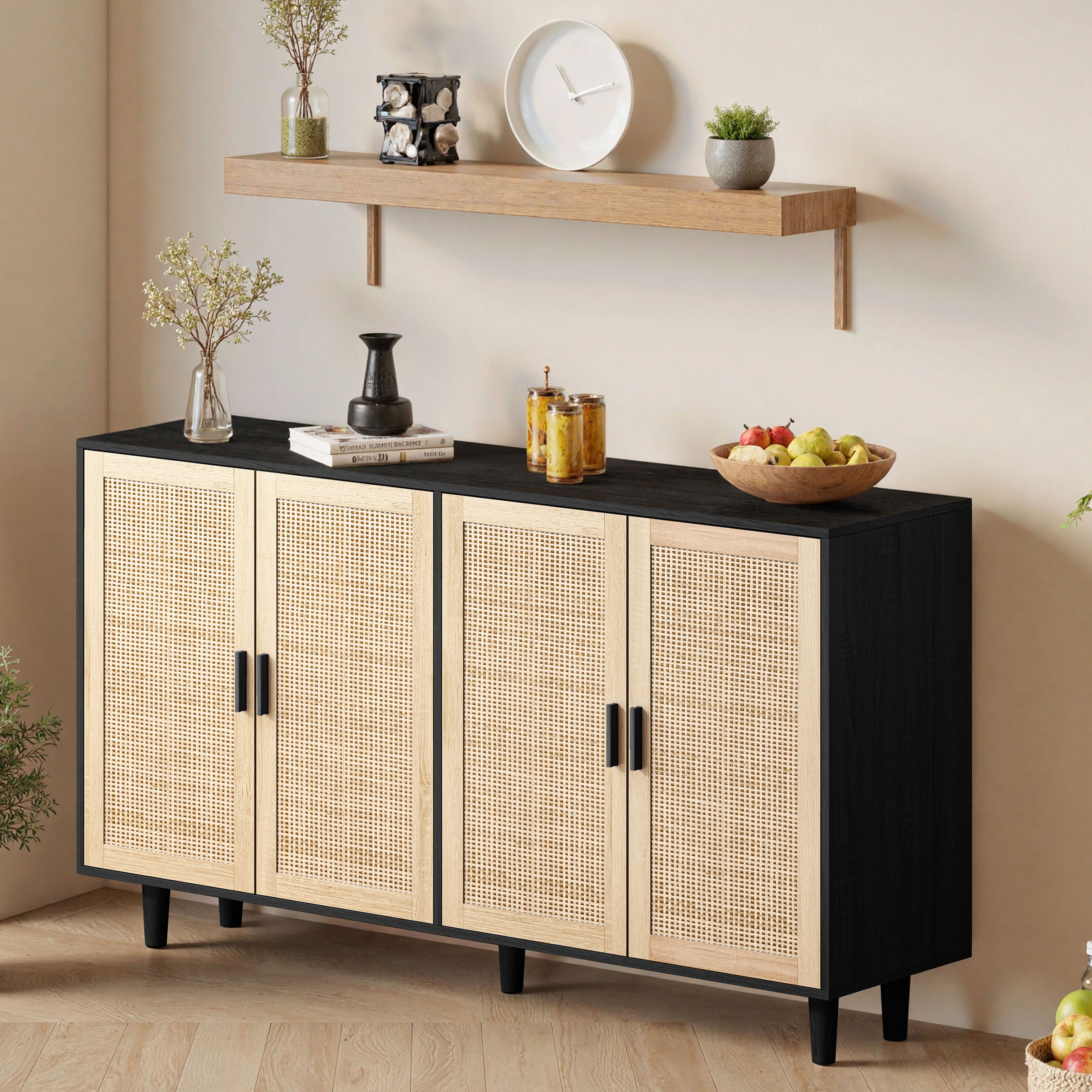 Logidon 158 cm elegante rotan opbergkast met 4 deuren zwart