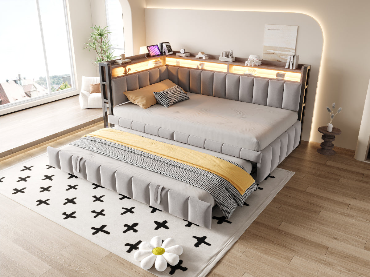 Logidon slaapbank gestoffeerd bed 90x200cm lichtgrijs uitschuifbaar LED USB