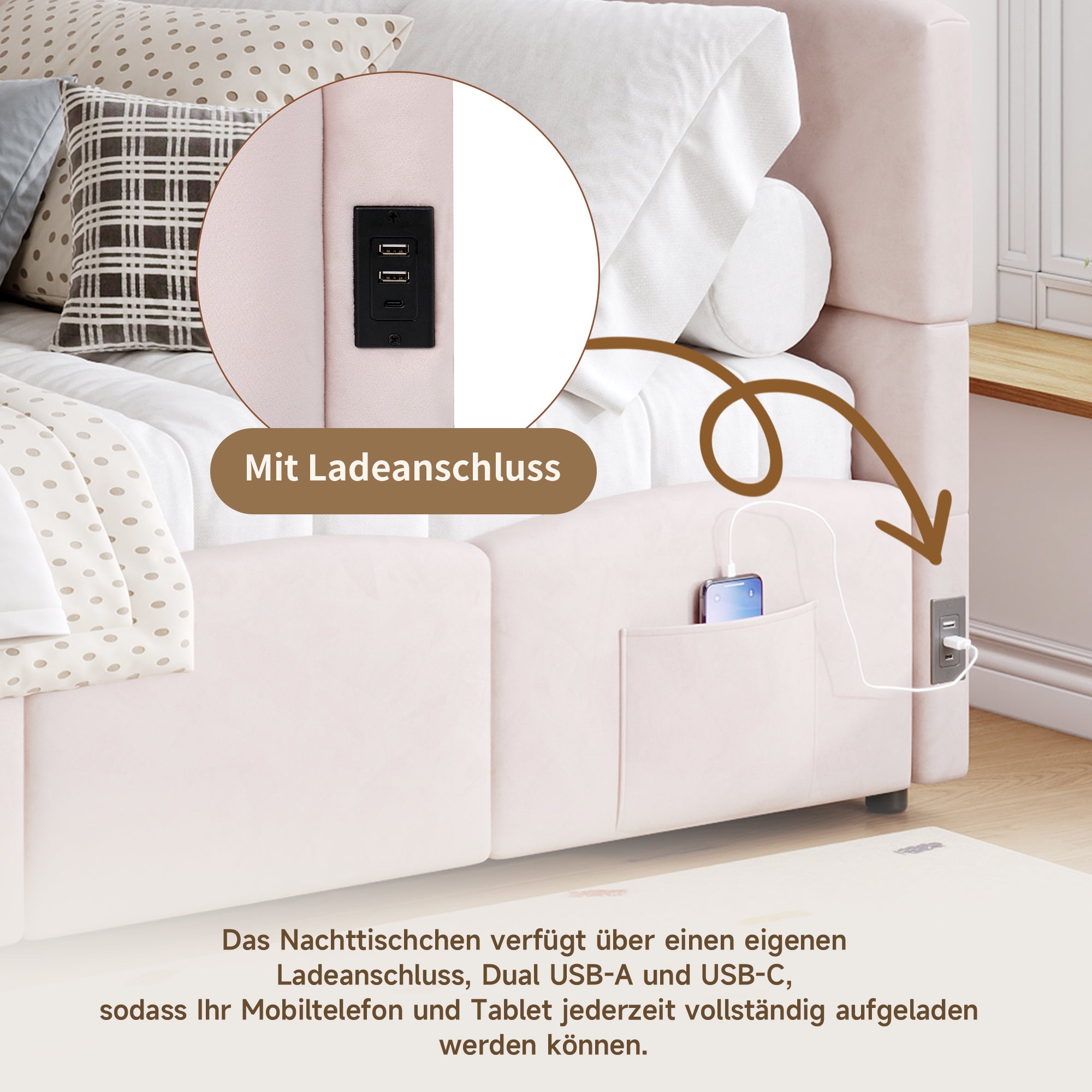 Logidon fluweel gestoffeerd bed roze 90x200 met lattenbodem en opbergruimte