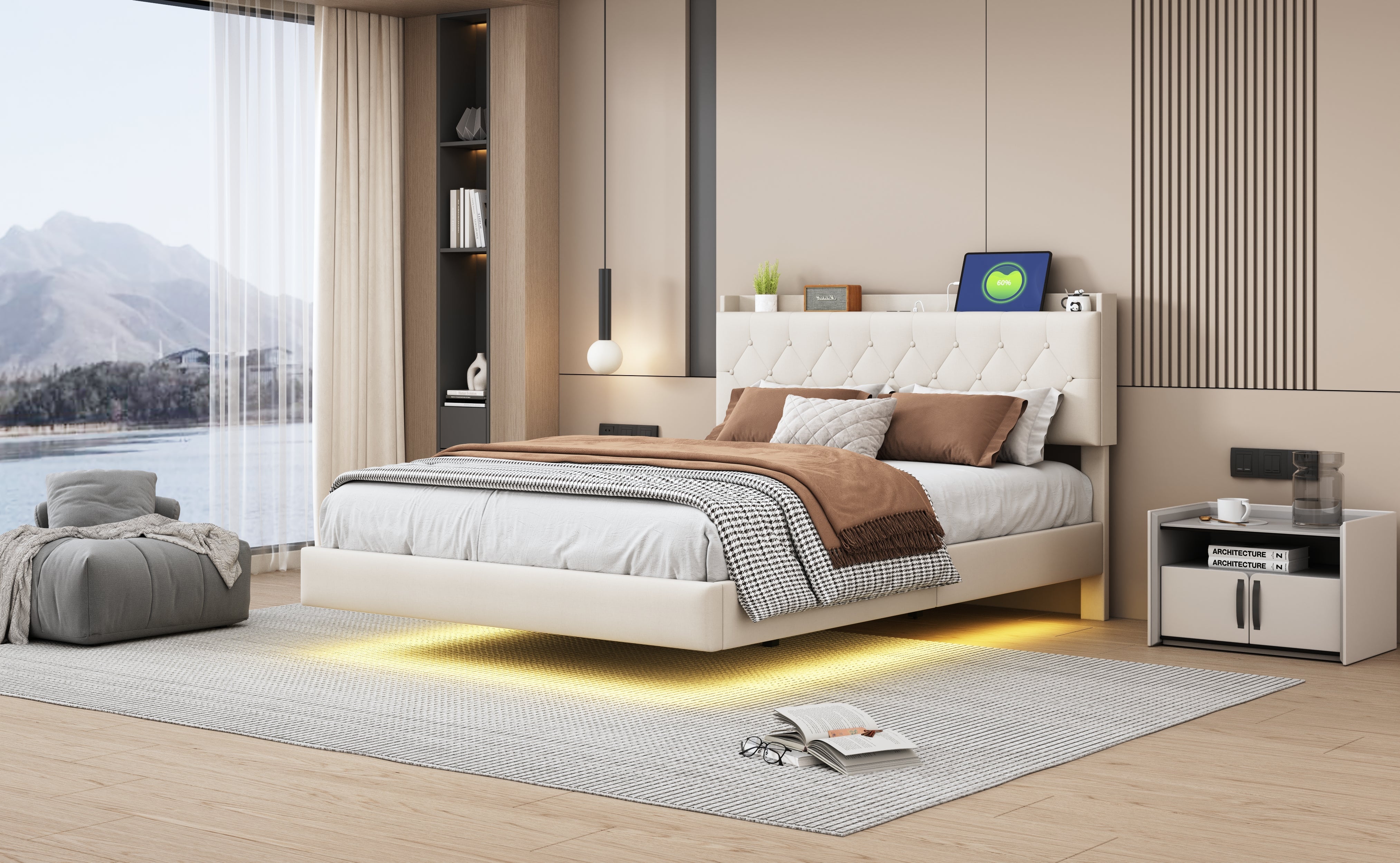 Logidon gestoffeerd bed 140x200 cm beige USB-oplaadpoort LED-lichtstrip
