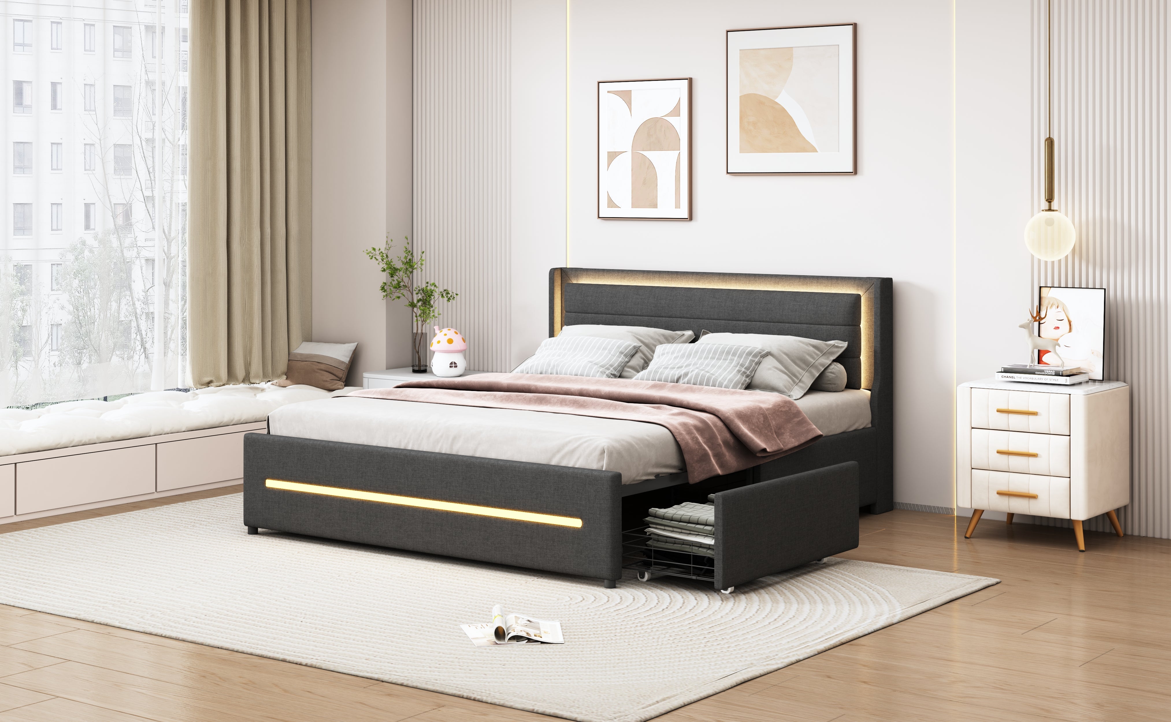 Logidon gestoffeerd bed 160x200 grijze kleur veranderende LED vier opbergvakken