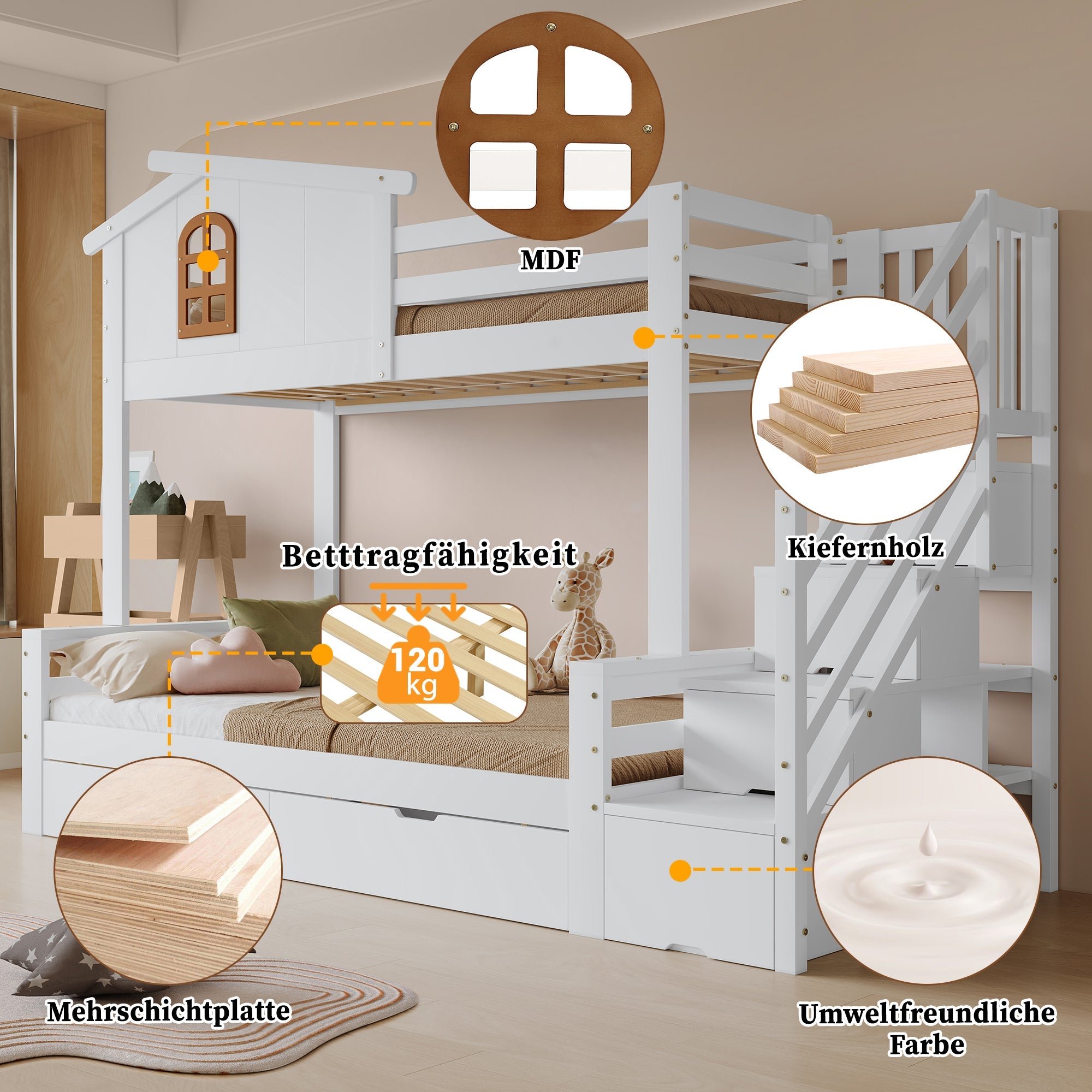Logidon stapelbed kinderbed wit naturel 90x200 120x200 twee lades