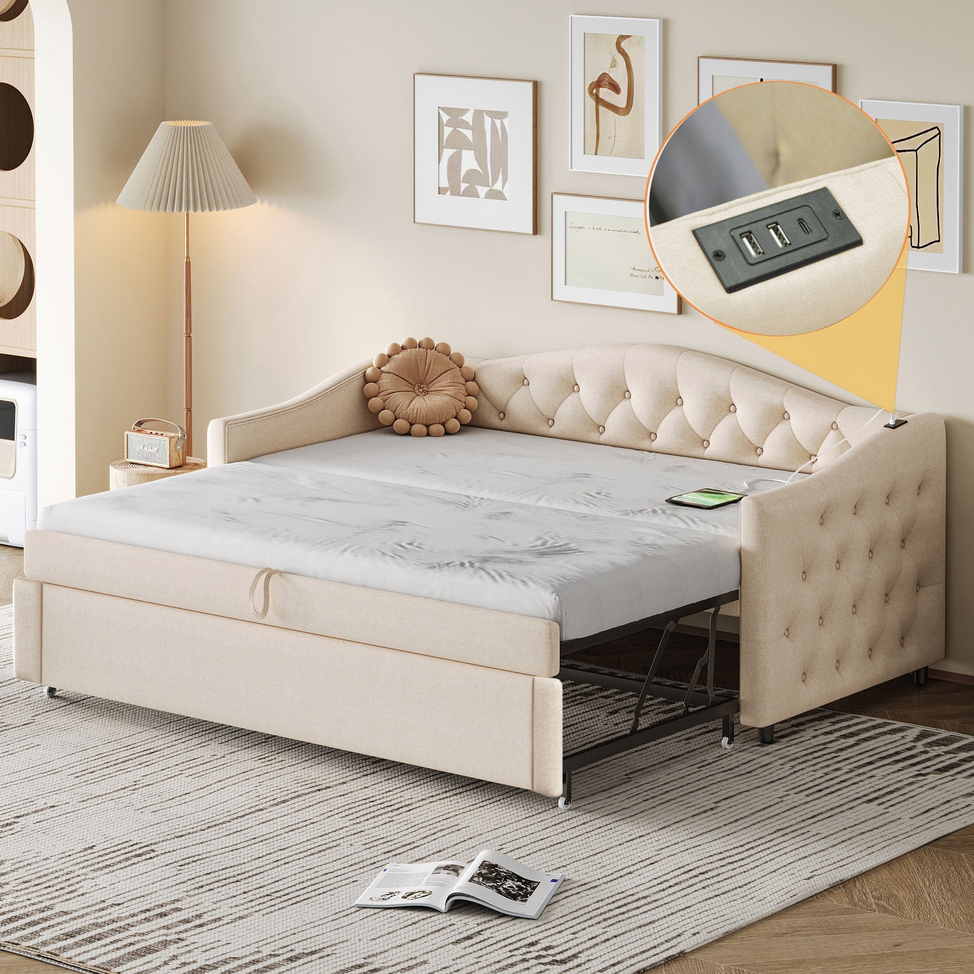Logidon uitschuifbare slaapbank 90x200 beige met USB-poort