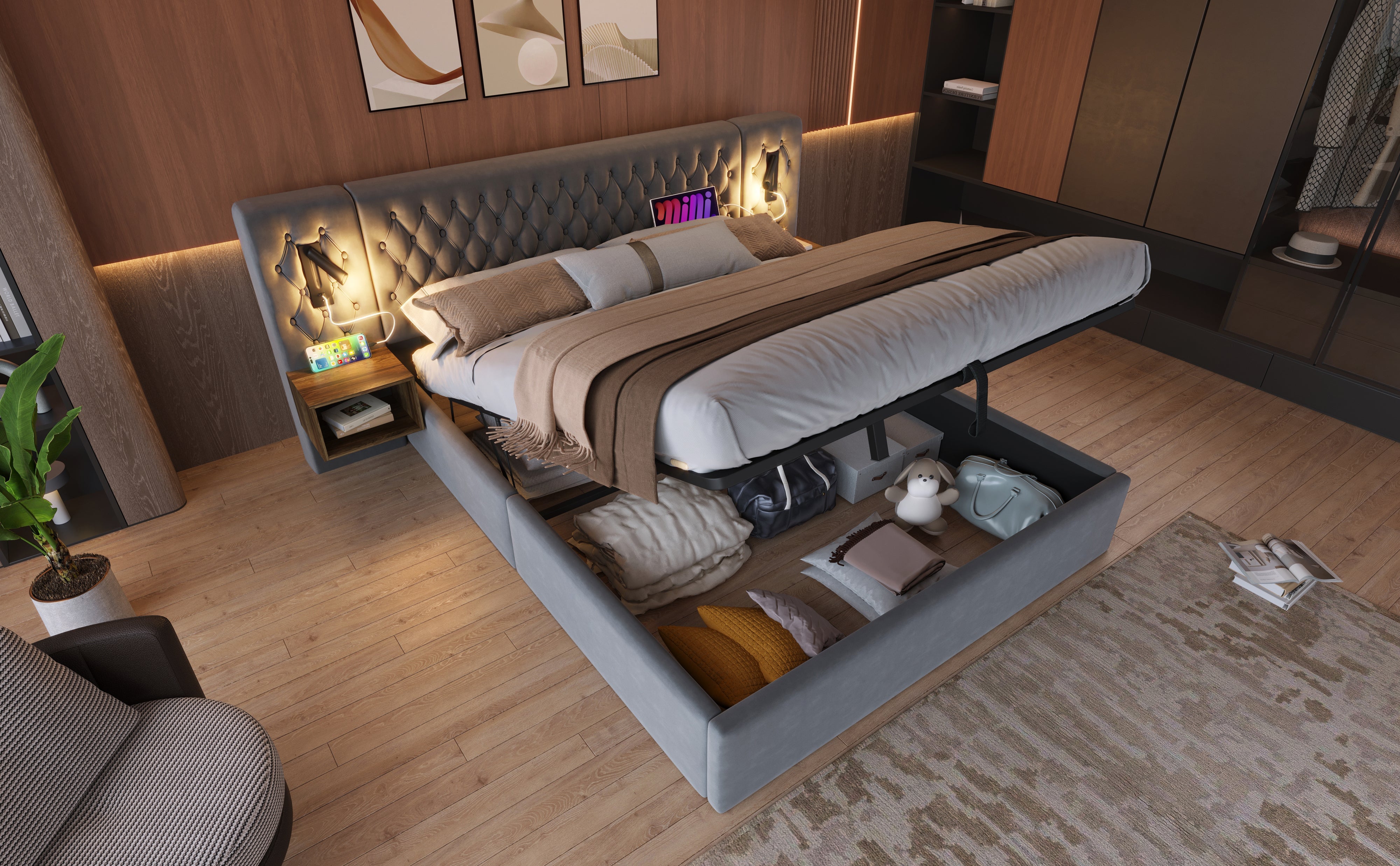 Logidon bed system 160x200 cm upholstered bed with storage space gray velvet
