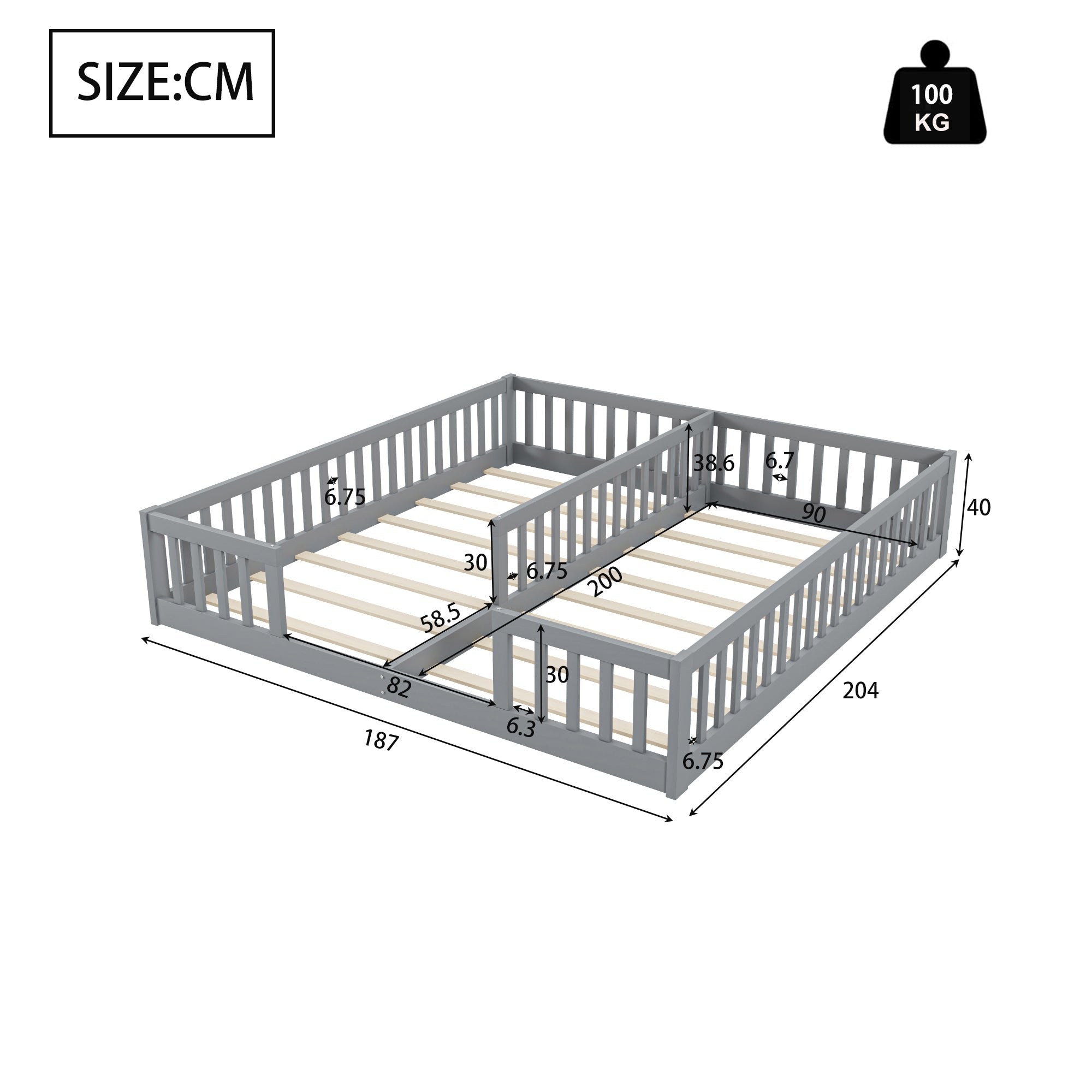 Logidon gestoffeerd bed 90x200 grijs met veiligheidsrailing lattenbodem