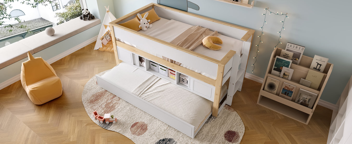 Logidon halfhoogsbed 90x200 wit naturel met onderschuifbed en opbergruimte