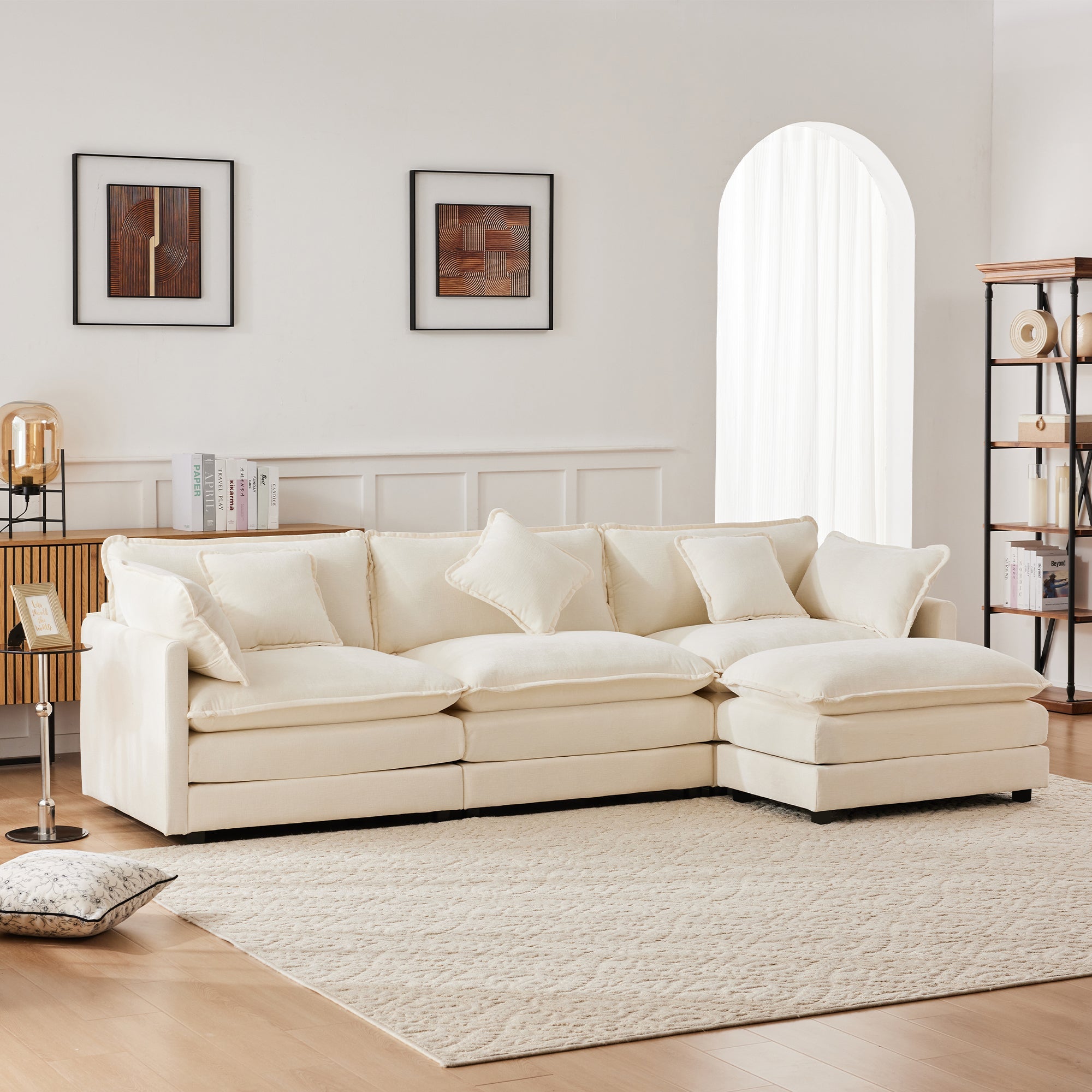 Logidon Driezitsbank Beige Chenille Met Voetensteun