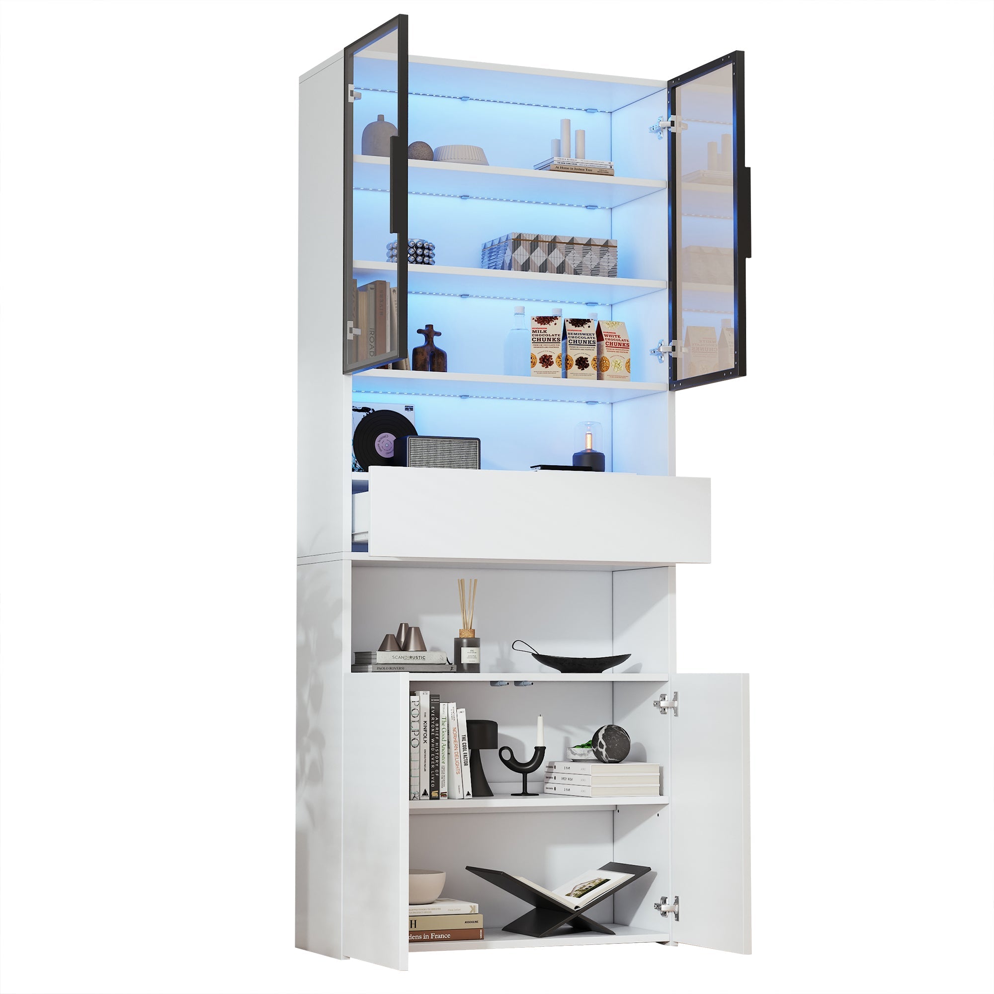 Logidon vitrinekast 70x30x200 cm witte LED glazen vitrinekast met lade