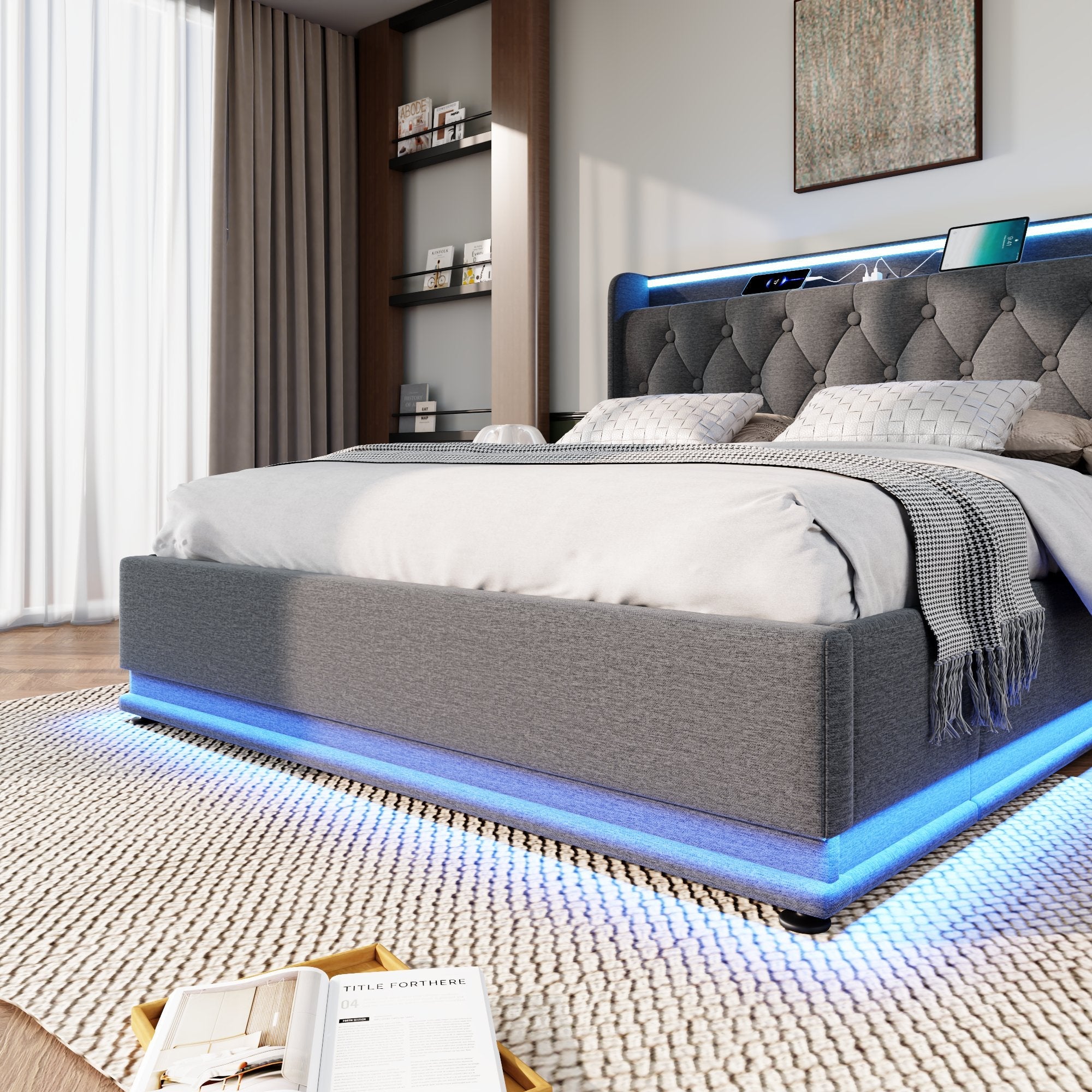 Logidon gestoffeerd bed tweepersoonsbed 180x200 cm grijs linnen LED-verlichting USB C