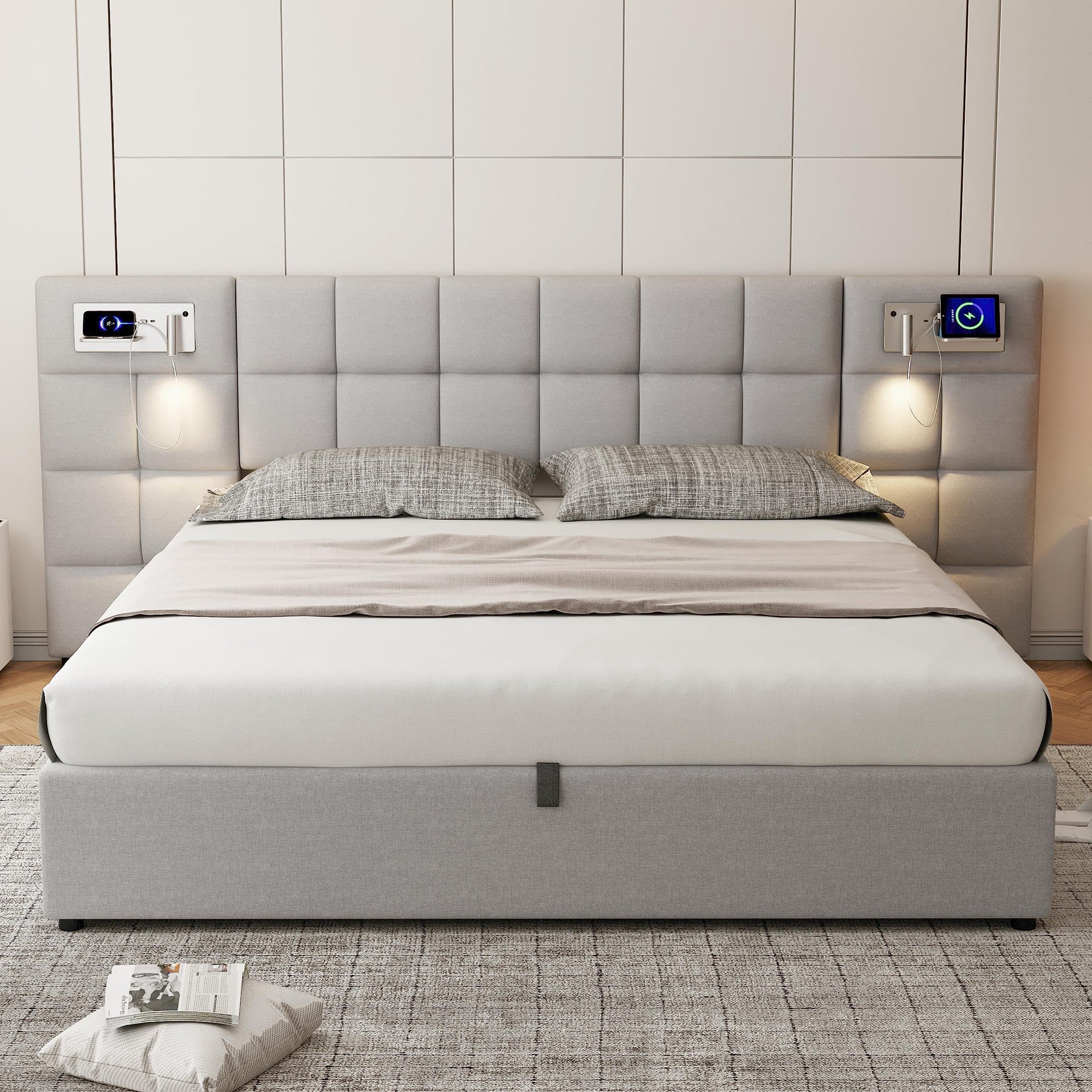 Logidon gestoffeerd bed 180x200 cm grijs hydraulisch bed USB-licht opbergruimte