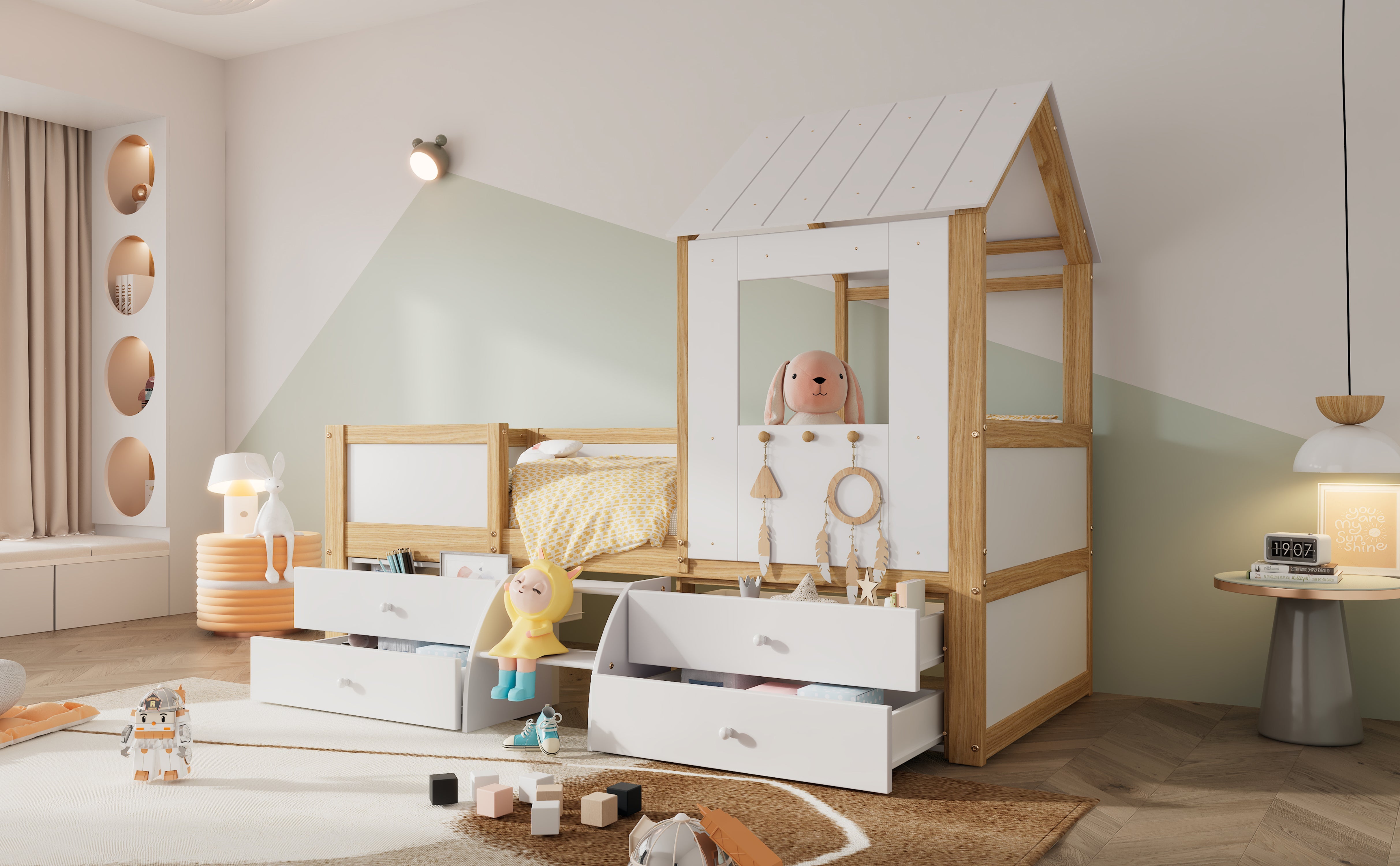 Logidon halfhoog huisbed 90x200 wit naturel met dak
