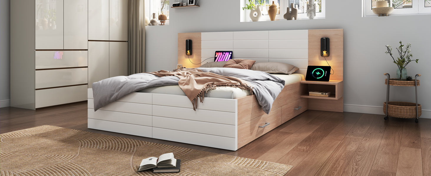 Logidon tweepersoonsbed 140x200 met leeslamp USB 2 laden eiken wit